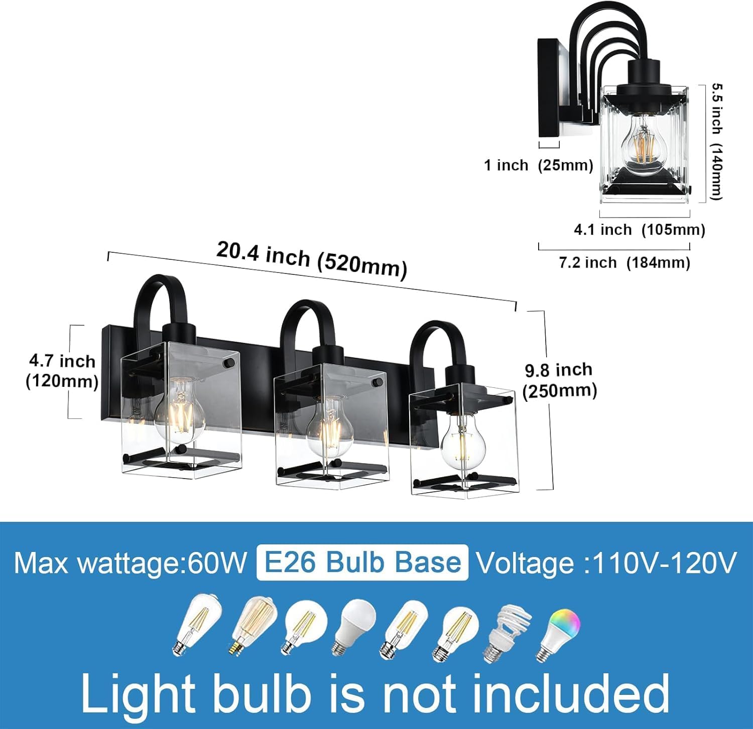 Black Bathroom Light Fixtures Over Mirror 3-Light Wall Sconces Lights, Industrial Vanity Light Farmhouse Lighting Fixtures Bathroom Above Mirror,Modern Wall Light fixtures