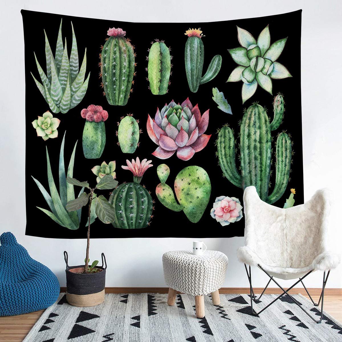 Cactus Wall Tapestry Boho Succulent Floral Tapestry Wall Hanging for Kids Boys Girls Watercolor Green Botanical Tapestry Exotic Natural Plants Wall Art for Bedroom Living Room,Medium 51x59 Inch