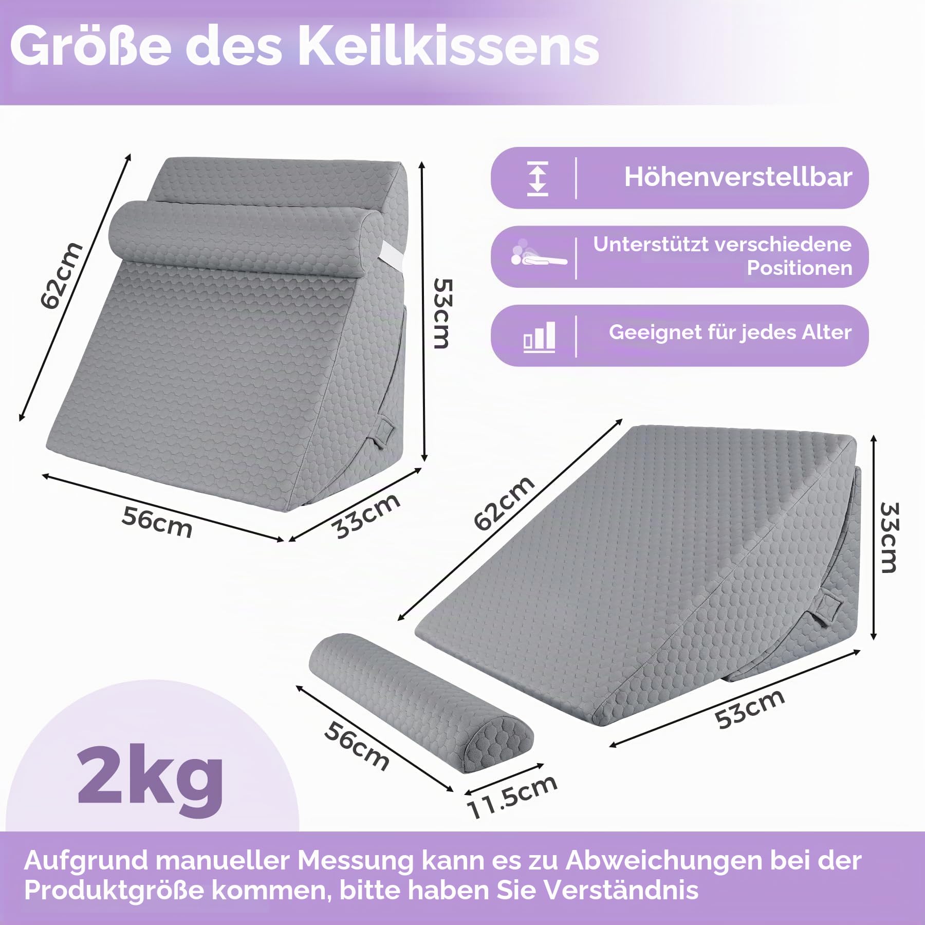Bettkeilkissen, 3-in-1 erhöhtes Dreieckskissen mit Kopfstütze, 33 cm, verstellbares Neigungskissen zur Linderung von Säurereflux, nach Operationen, Rückenstütze, Schnarchen & Schlafen, weicher