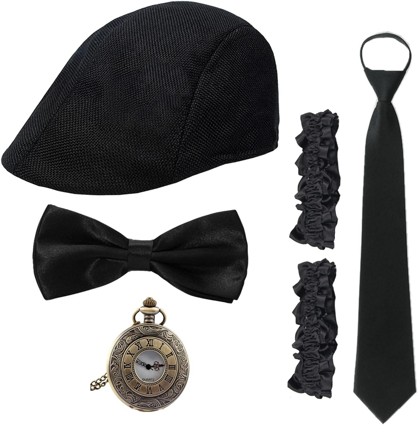 1920s Mens Costume Accessories Set, Roaring 20s Gangster Outfit Accessories with Hat Pocket Watch Bow Tie Armband