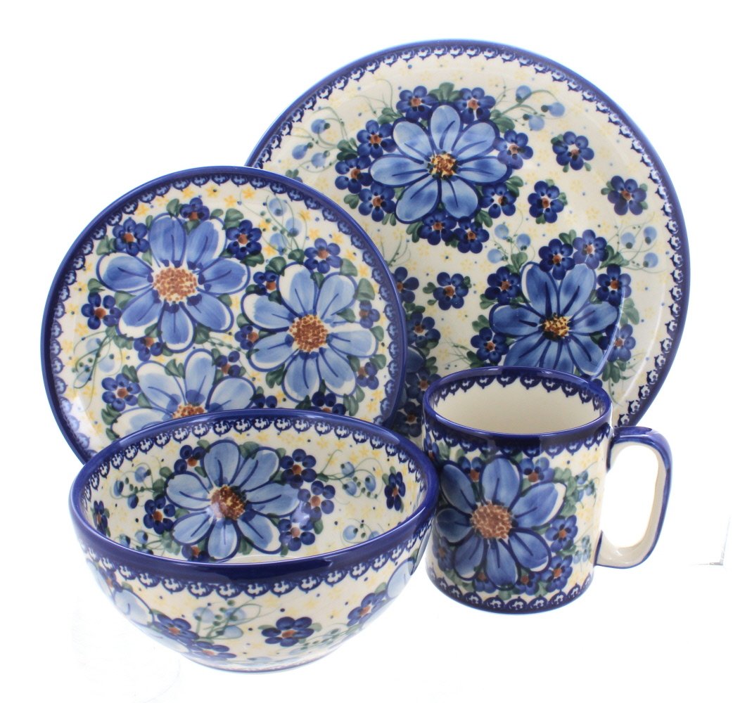 Blue Rose Polish Pottery - Blue Daisy Surprise 16 Piece Dinner Set - 4 Place Settings - Great for Everyday Dining, Casual Dining, or as Formal