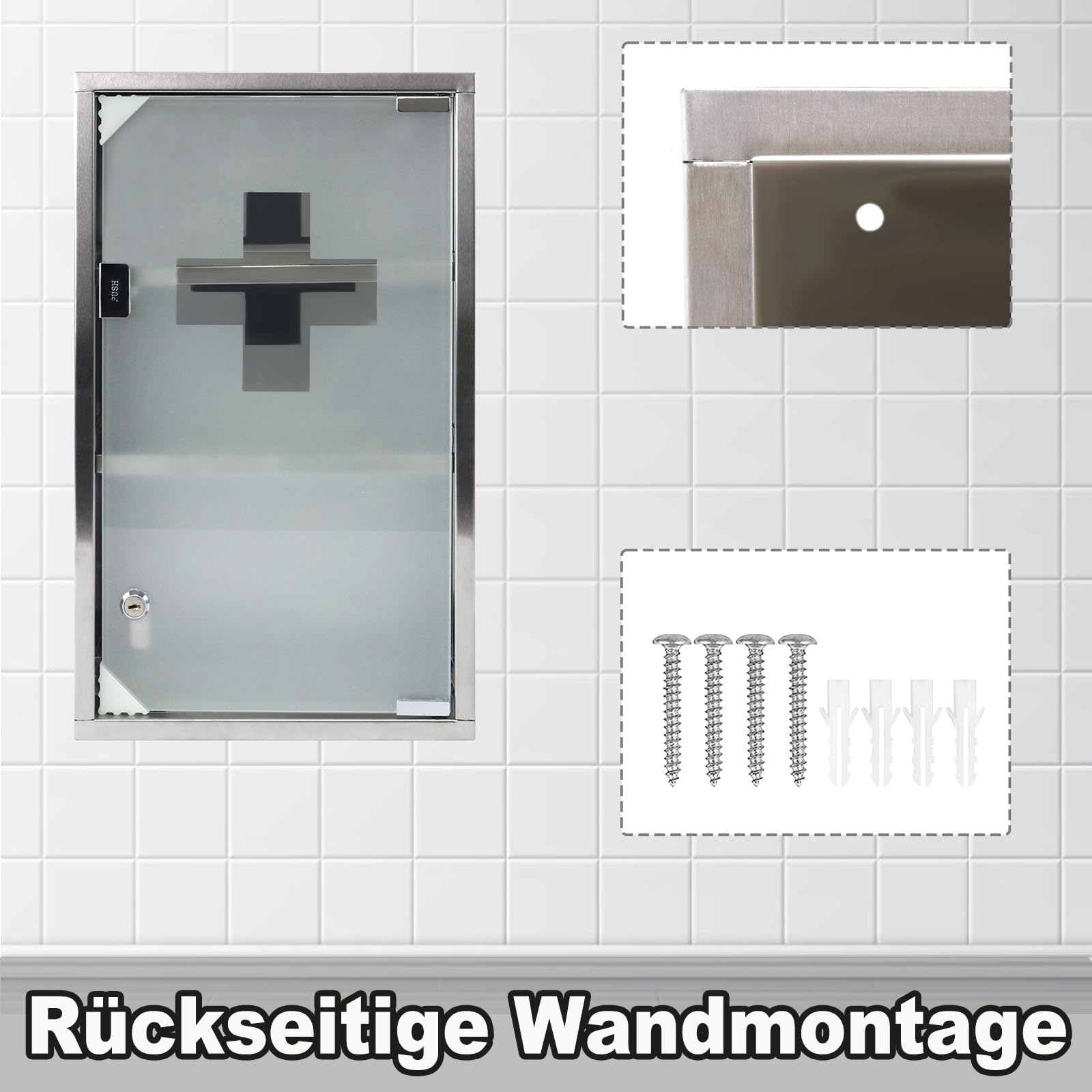 LILIIN Armoire à pharmacie en acier inoxydable avec 3 compartiments avec porte en verre et 2 clés - Armoire de premiers secours - 30 x 12 x 50 cm