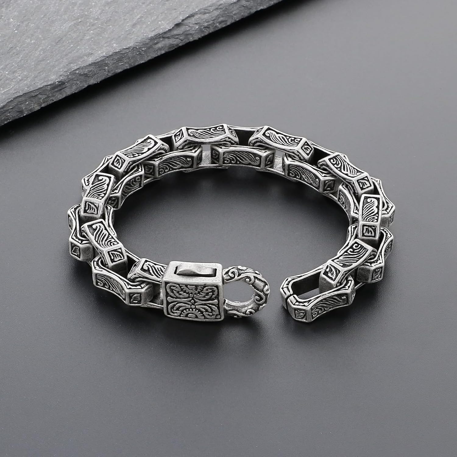 Cuban Link Bracelet for Men Stainless Steel Wave Engraved Chain Men's Bracelet Vintage Silver Bracelet for Men Unique Jewelry Gifts for Him - Image 2