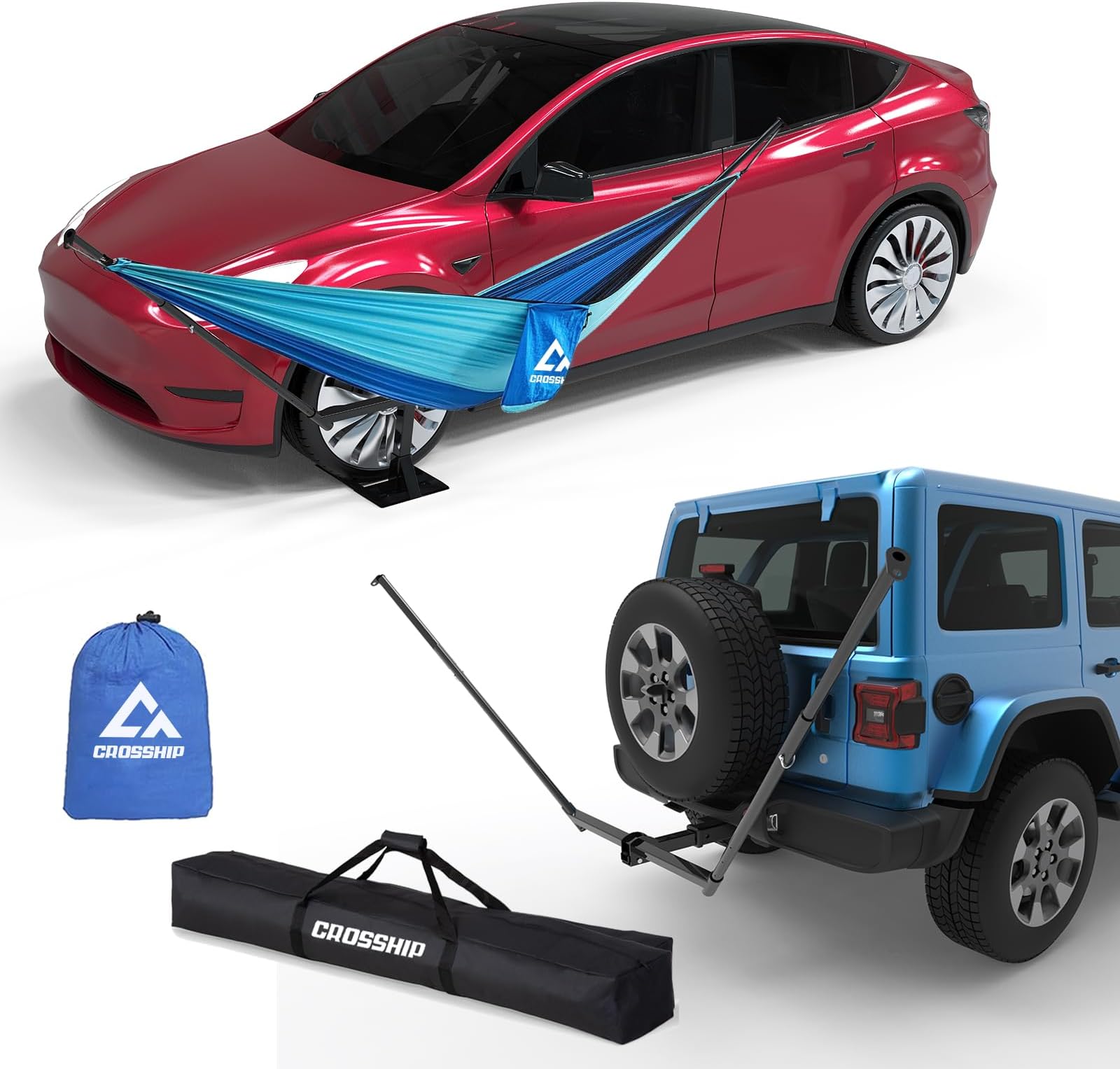 Tire Mount Hammock Stand - Fits Vehicle Tire & 2in Hitch Receiver - Includes Parachute Nylon Hammock & Storage Bag - for Camping, Outdoor, Travel (350lbs Weight Capacity) - 2025 New