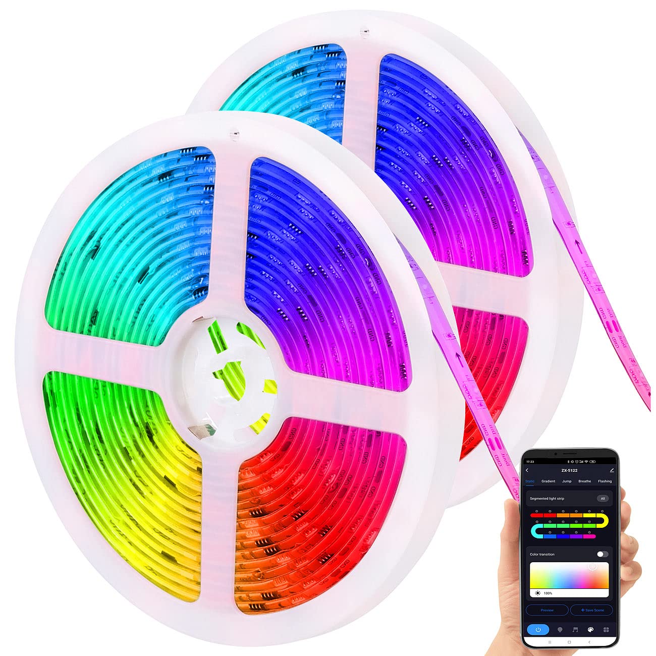 Luminea Home Control RGBIC-LED-Strips Alexa: Set da 2 Striscia LED WLAN-RGBIC, Controllo audio, app, controllo vocale, 5m, 500 lm, controllabile tramite ELESION (striscia Alexa, strisce wifi)