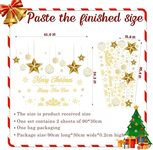 Miniatura 6 de 61 calcomanías de pared doradas de 34.2 pulgadas, calcomanías de pared de Feliz Año Nuevo, bolas de luces de Navidad extraíbles, estrellas, copos de