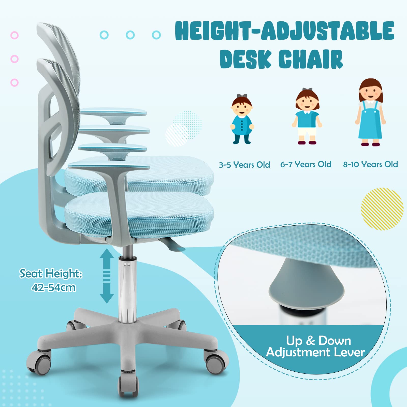 COSTWAY Kids Ergonomic Mesh Desk Chair - Height Adjustable, Swivel Task Chair With Casters, Grey - View #4