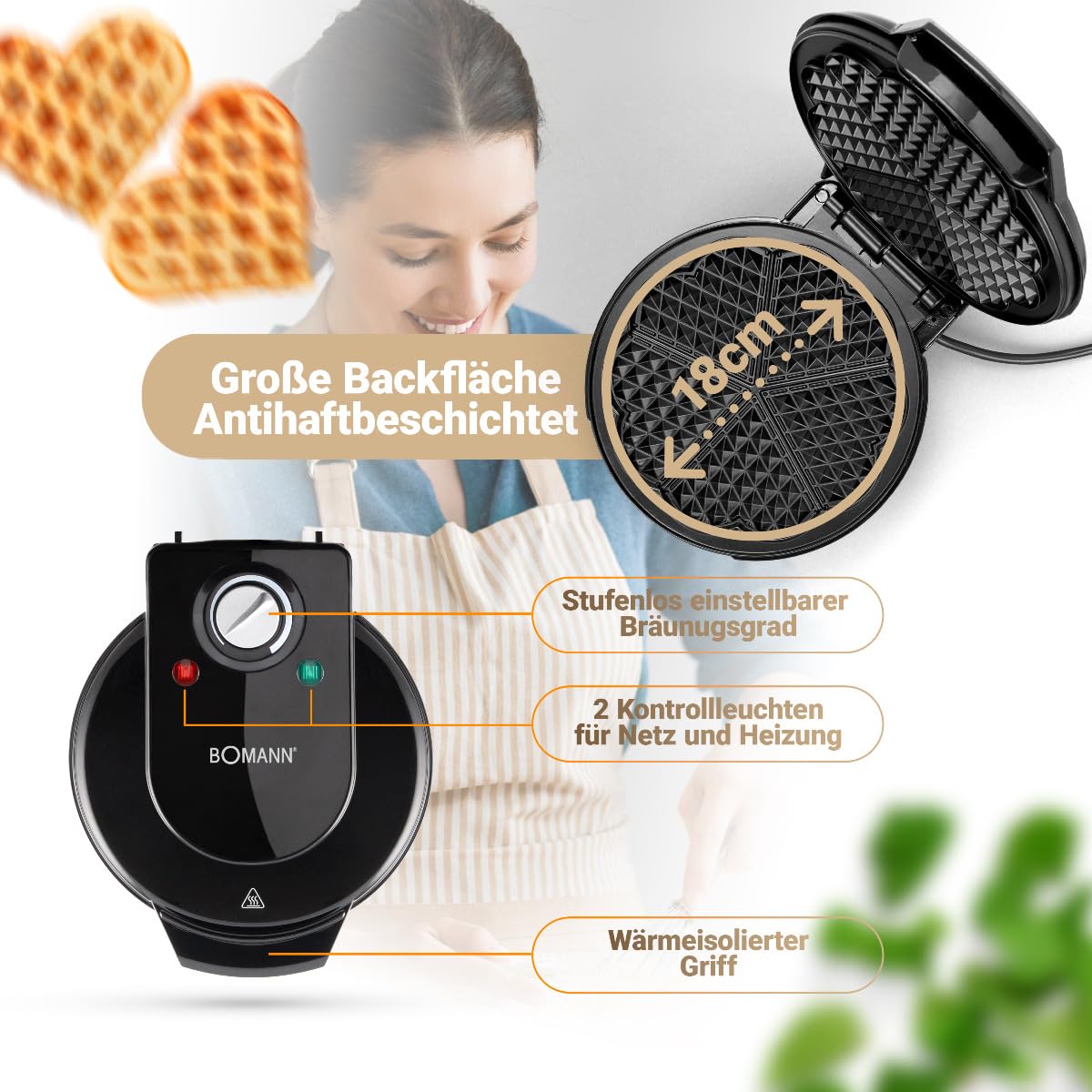 Bomann - mod. WA 5018 CB - Piastra per waffles, con base a forma di cuore, potenza: 1200 W nero