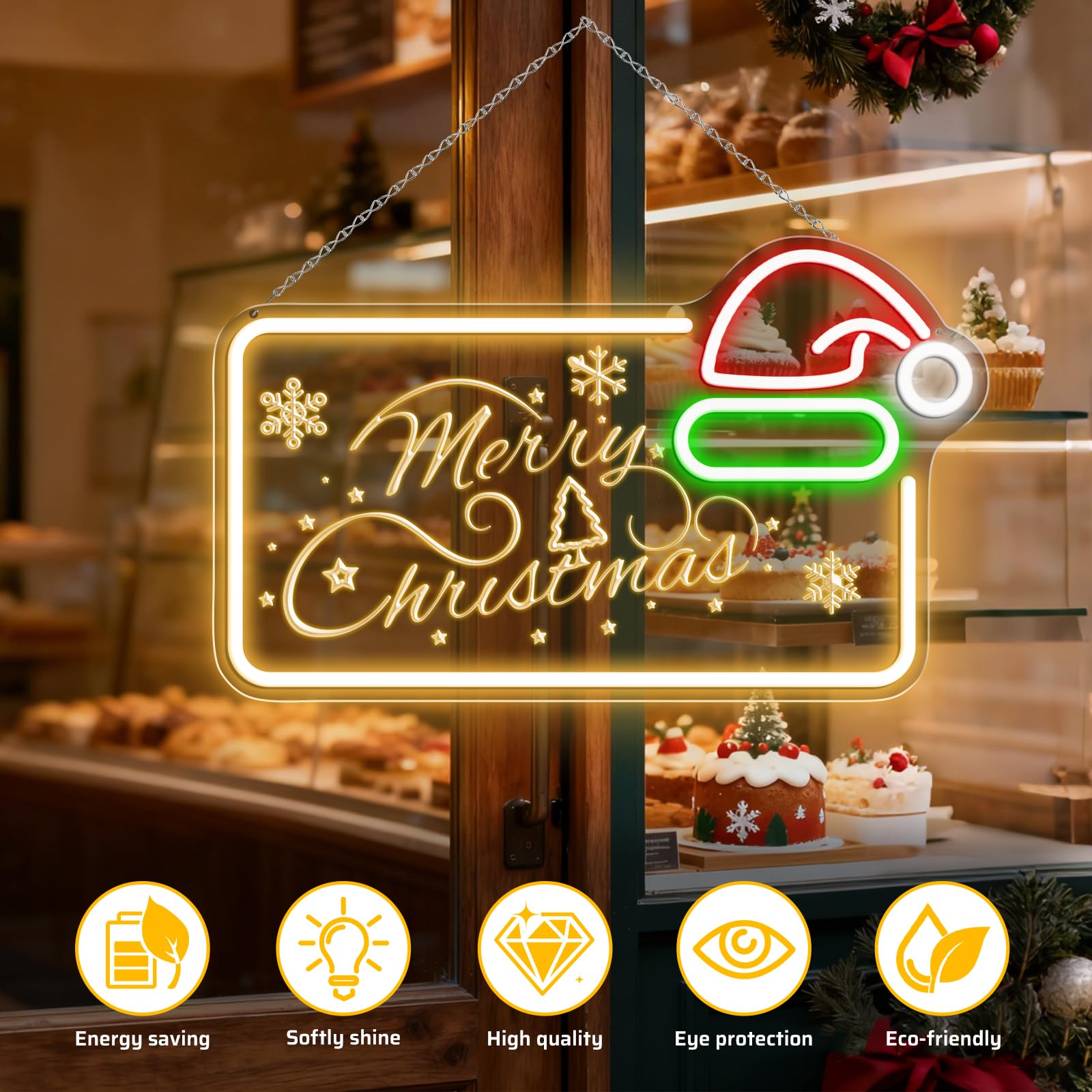 Letrero de neón LED de Feliz Navidad de 16.5 x 10 pulgadas, decoración de pared con luz LED regulable con sombrero de Papá Noel, decoración de pared alimentada por USB para el hogar, habitación de los