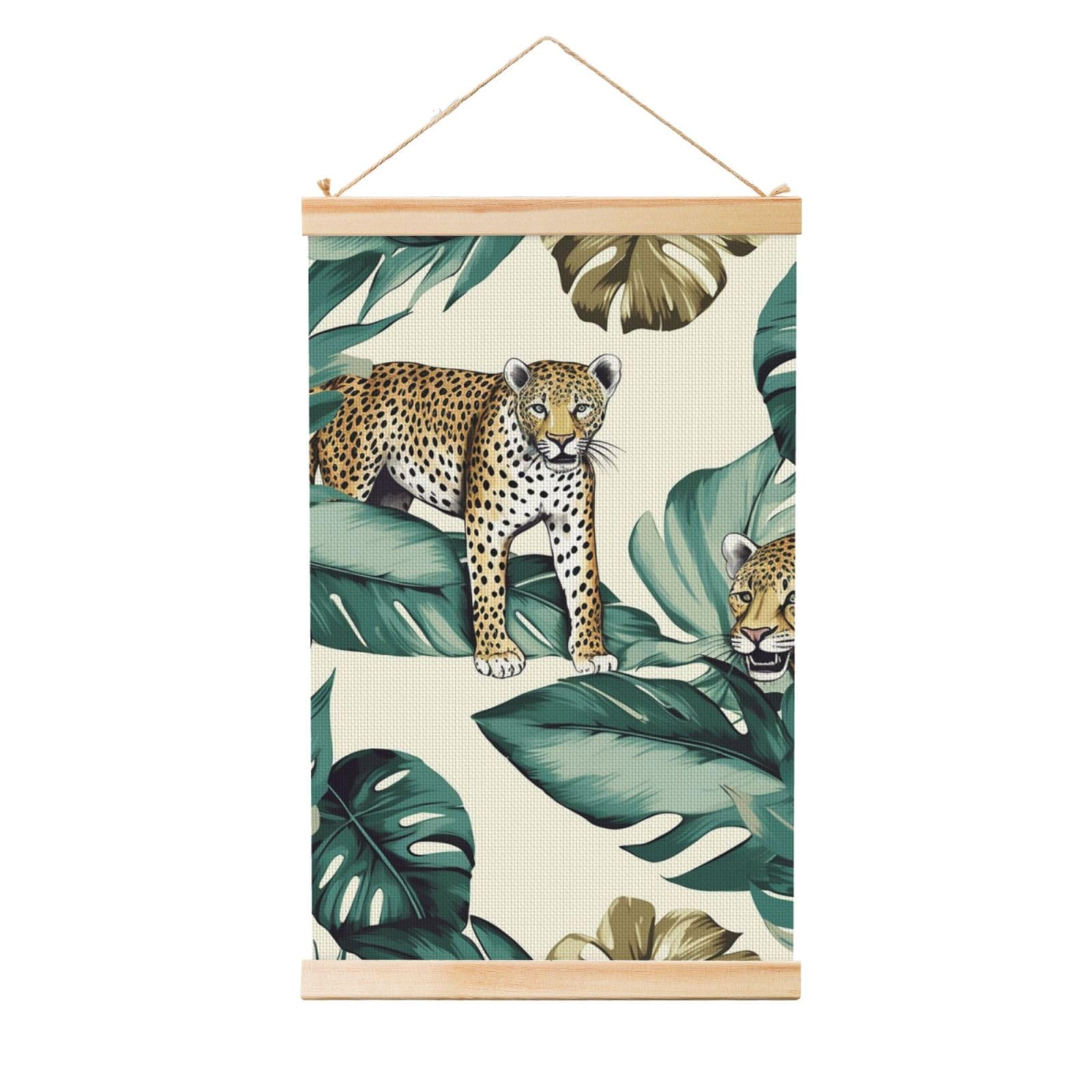 Leopard And Palm Leaves Poster Wooden Shaft Hanging Poster Wall Hanging Banner Canvas Artwork with Wood Frames 36"x24" Modern Artwork Decor Ready to Hang Wall Art for Home Decor Scroll Painting