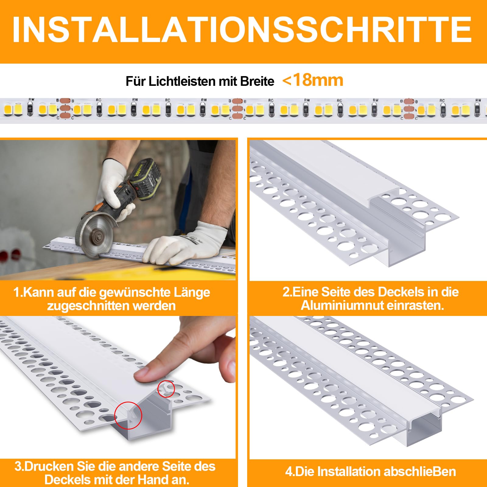 Angdarun LED professionale per strisce da 18 mm, confezione da 10 x 1 metro, diffusore per pareti e soffitti, copertura a LED, diffusore Philips Hue Strip