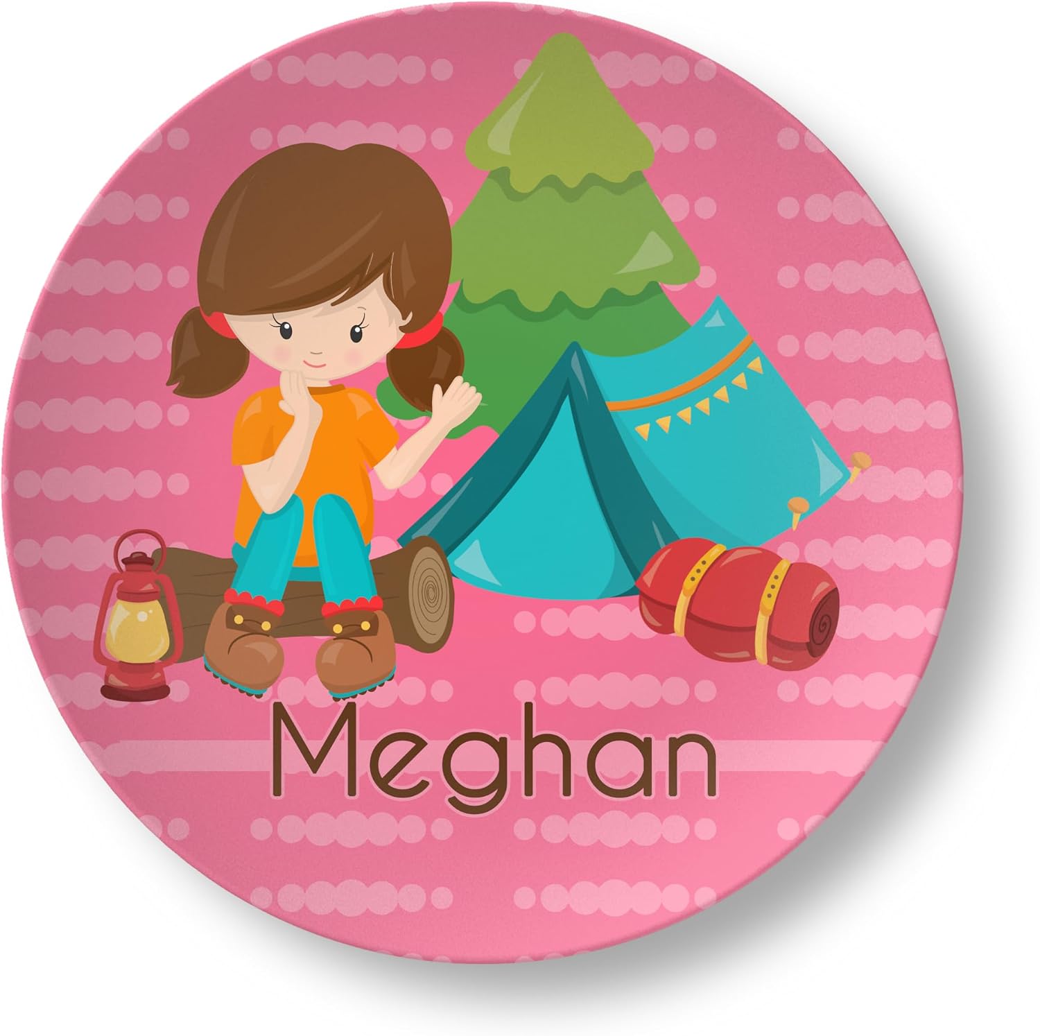 Personalized Camping Plate - Pink Girl Tent Camper Dinnerware - Custom Name Gift Set for Kids