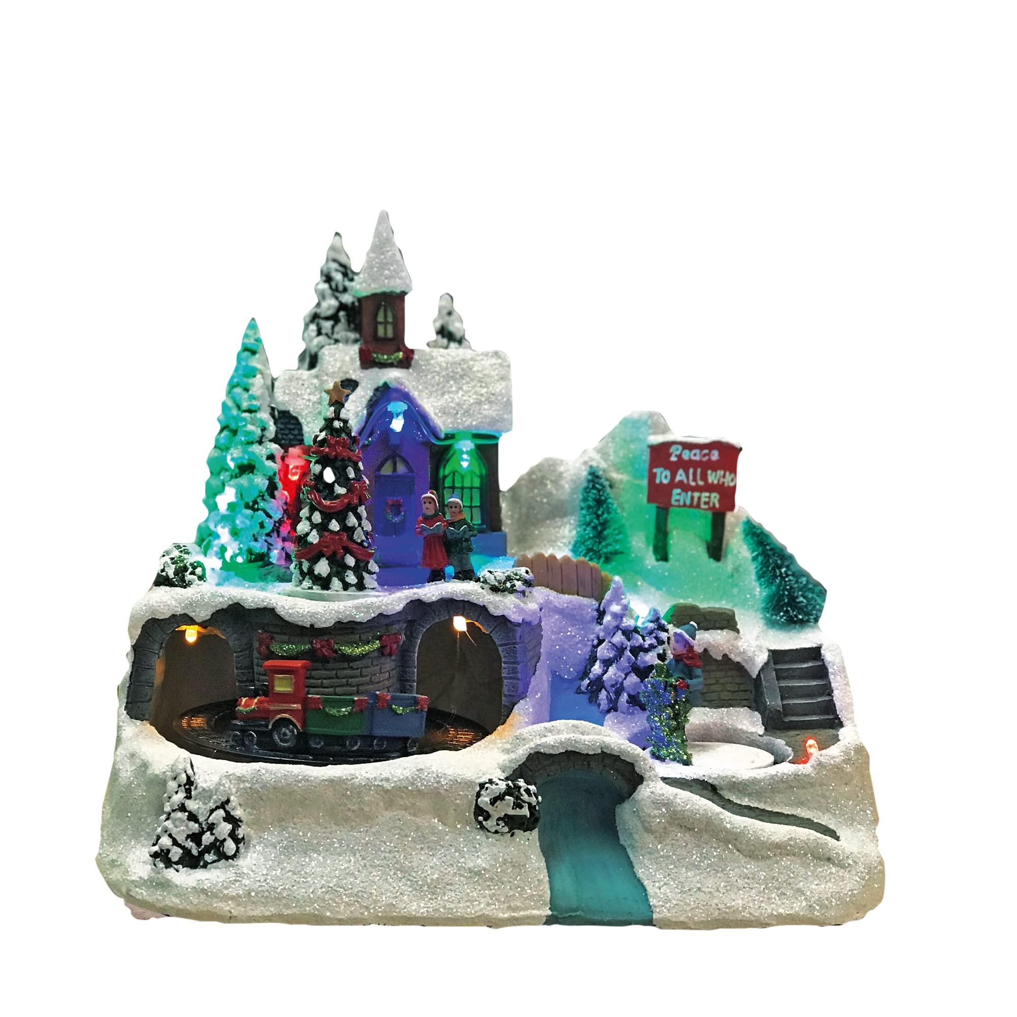 Hellum LED Weihnachtsdorf mit fahrendem Zug, Bergdorfszene im Fiberoptikstil, Weihnachtsdeko innen batteriebetrieben mit bunte Beleuchtung 3xAA 22x14x19cm 524390