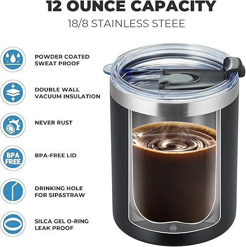 Miniatura 4 de MEWAY Vaso de acero inoxidable de 12 onzas con aislamiento al vacío de doble pared con popote y tapa, cepillo de limpieza, taza de café aislada con