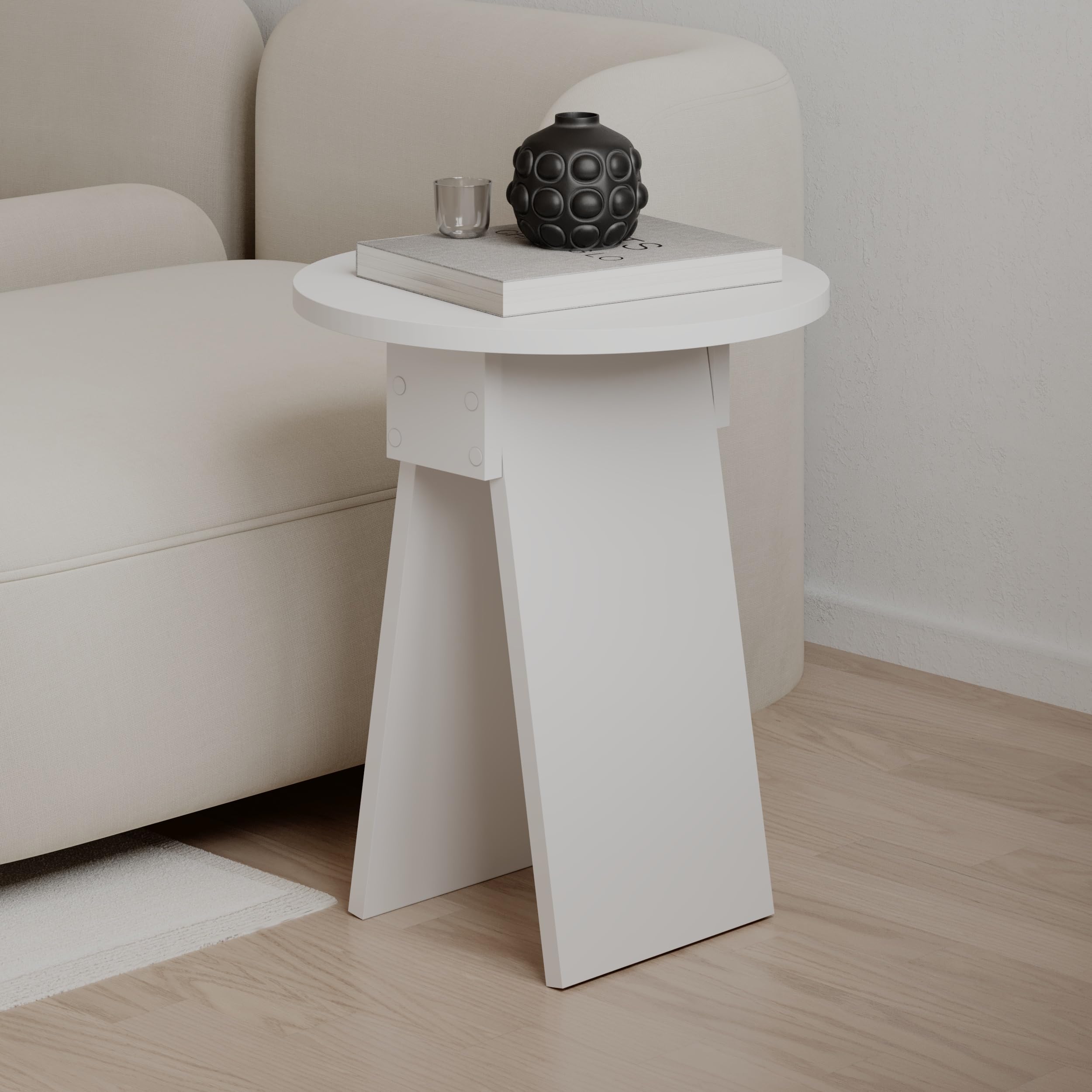 Hocuspicus HOCUS PICUS Modern Side Table Round Shape Top Sturdy Engineered Wood 2 Legs Sofa, Coffee and Service Table Living Room, Office, Bedroom 42(W) x42(D) x50(H) cm (White)