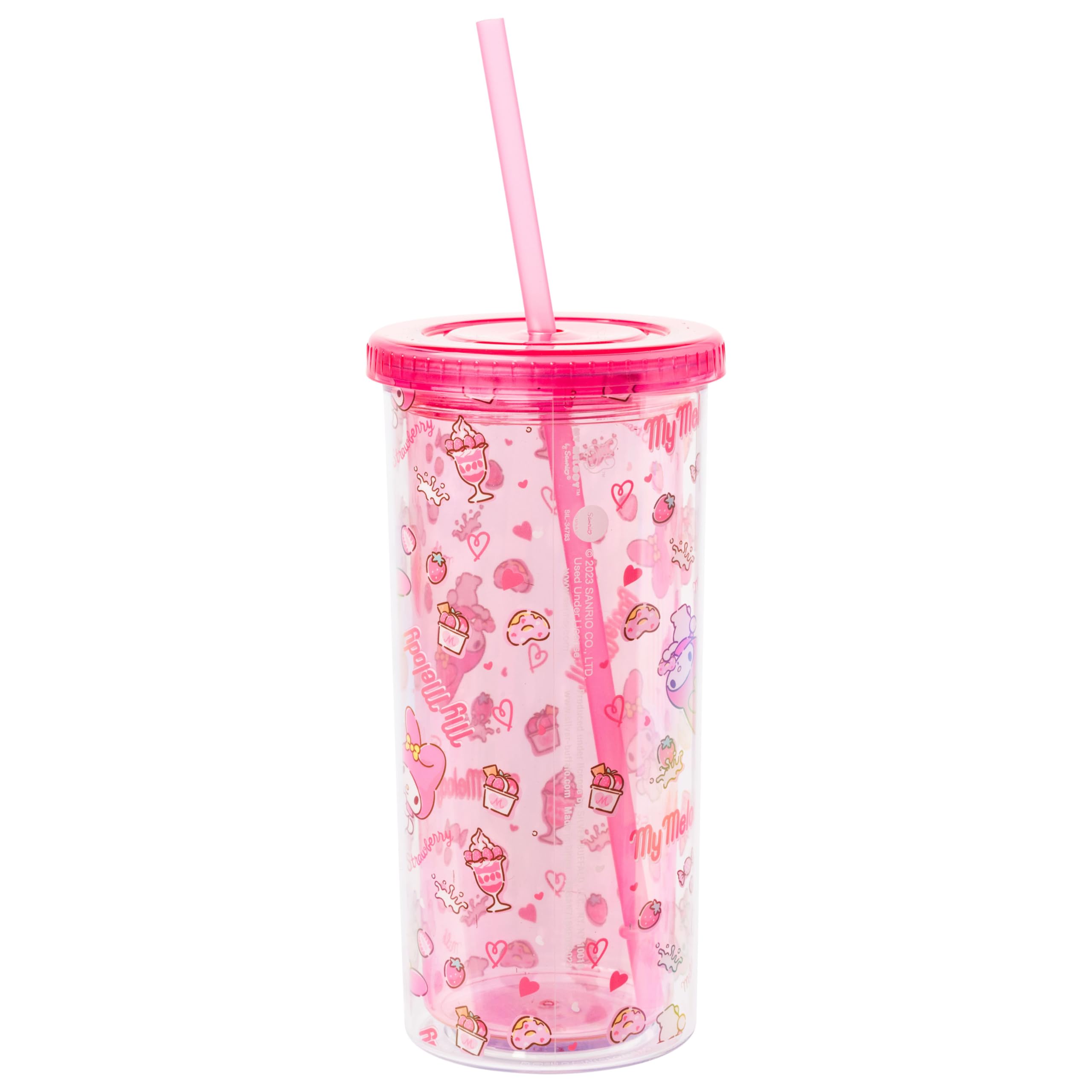 Silver Buffalo Sanrio My Melody - Taza fría alta de plástico con tapa y pajita, 20 onzas | Hello Kitty and Friends, patrón de fresa, dona y batido, incluye tapa y pajita, 0,59 litros