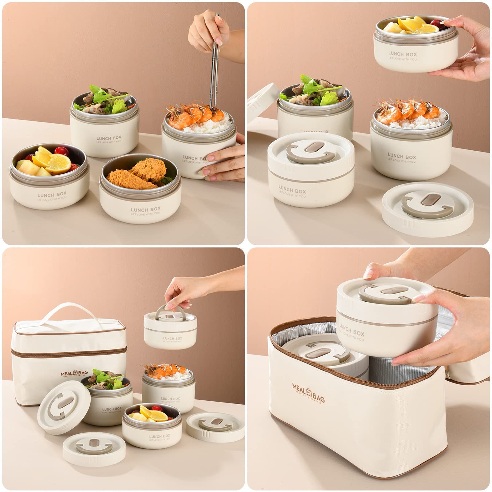 Tragbares isoliertes Lunch-Behälter，Hochwertiger Edelstahl-Mikrowellen-Thermo-Lunchbox mit Besteck - Perfekt für Unterwegs，für Kinder und Erwachsene (2 x 600ml + 2 x 400ml)