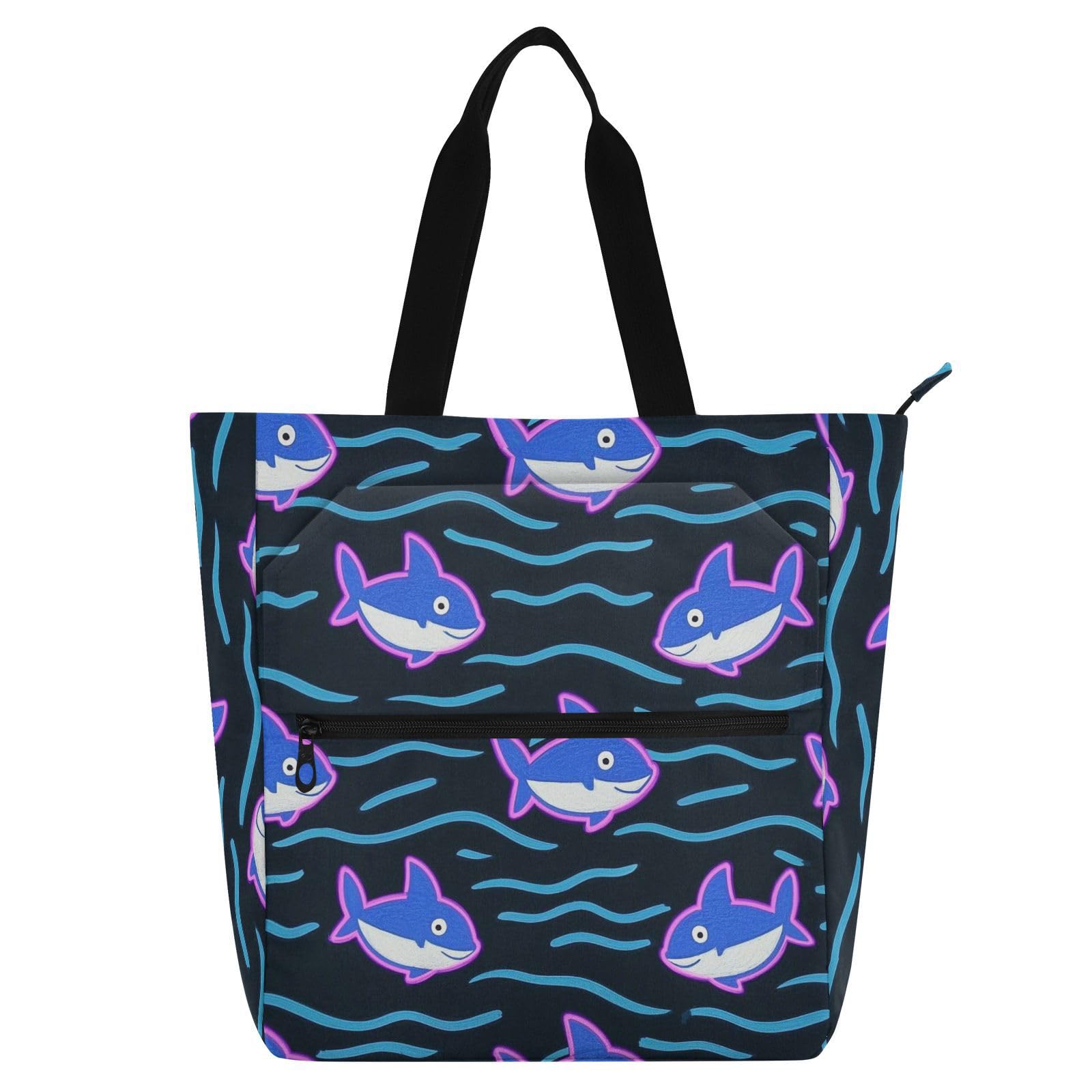Bolsa de biblioteca escolar con bolsillos con cremallera y diseño de tiburón fluorescente 8