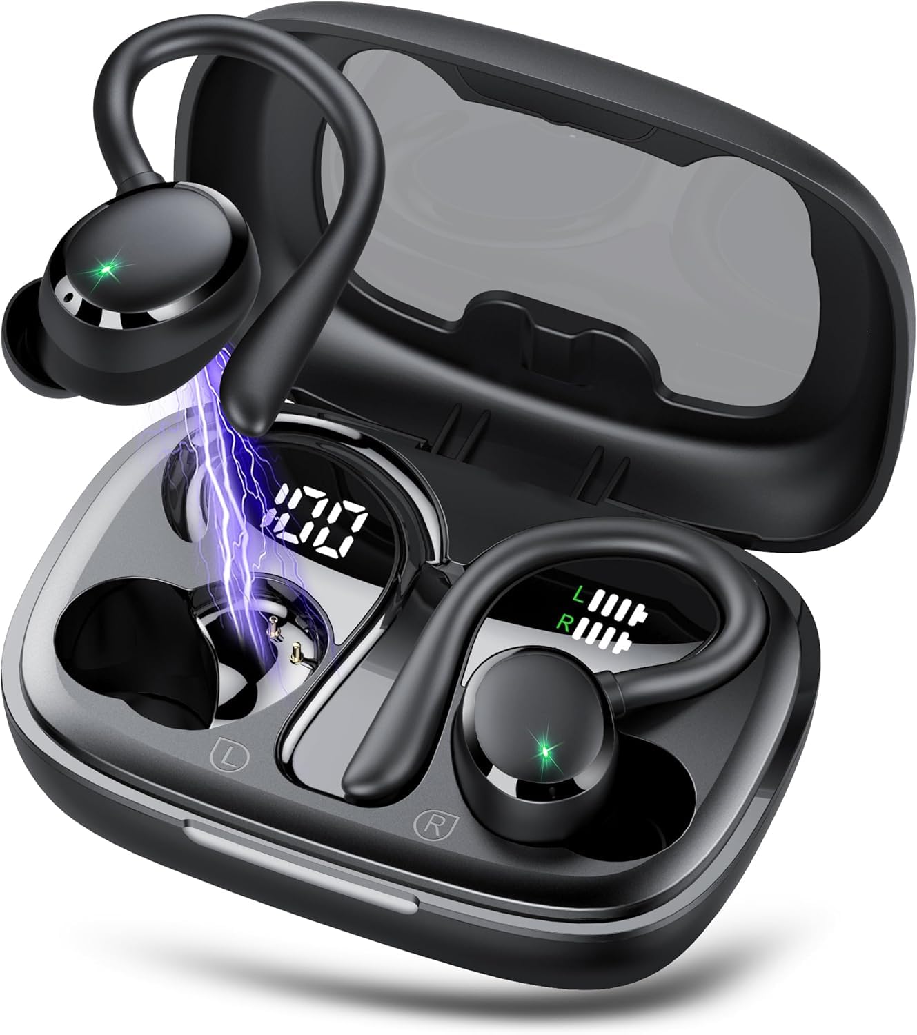 Bluetooth Kopfhörer Sport, In Ear Kopfhörer Kabellos Bluetooth 5.3 Kabellose Kopfhörer mit 4 Mic, 120H Spielzeit, 2024 Neue Weicher Ohrbügel, IP7 Wasserdicht Ohrhörer LED-Anzeige USB-C