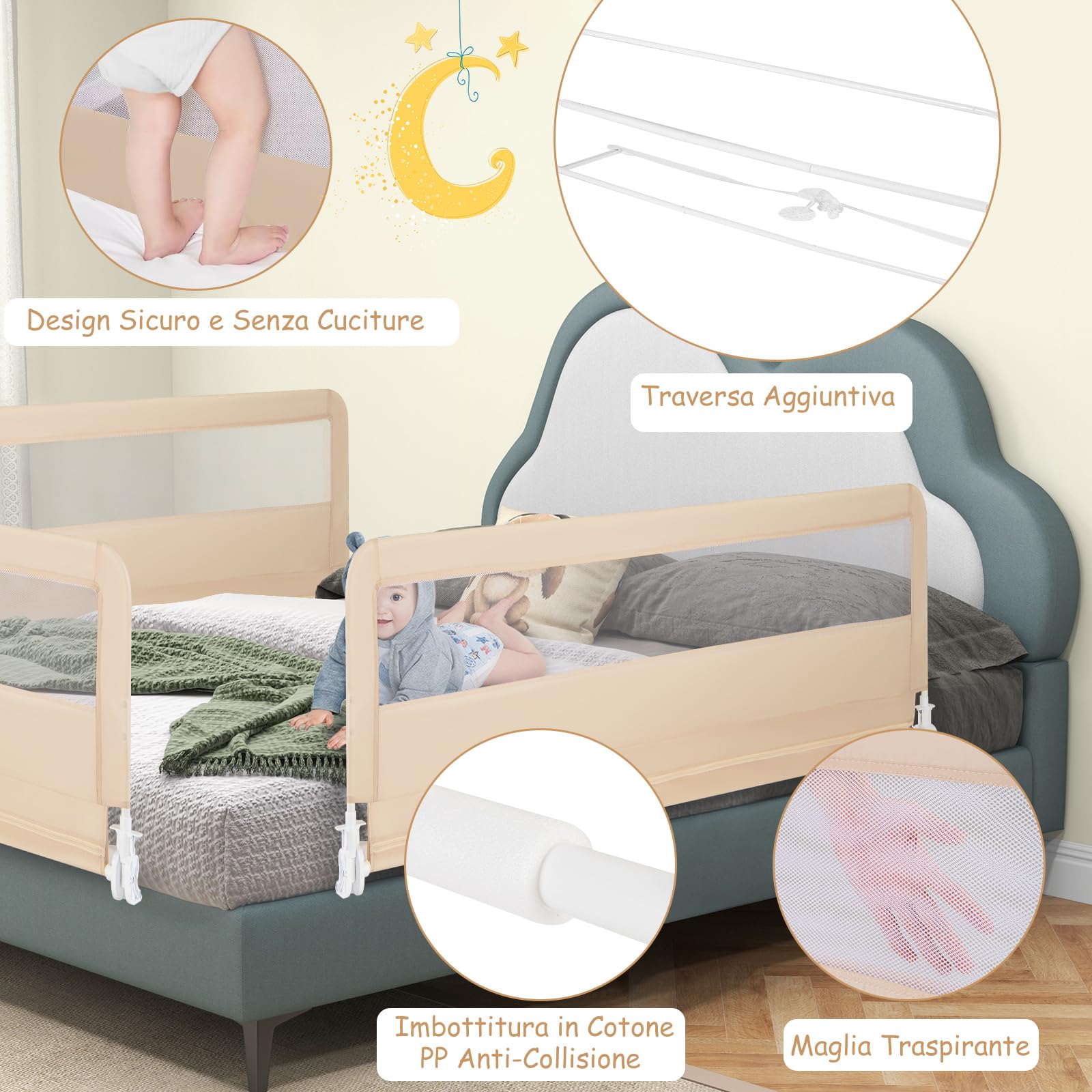 RELAX4LIFE Sponda Letto per Bambini 180 cm/150 cm, Barriera di Sicurezza, Traspirante e Pieghevole, Sbarra Letto per Letti Singoli e Matrimoniali (Beige, 150 x 41 x 55 cm)