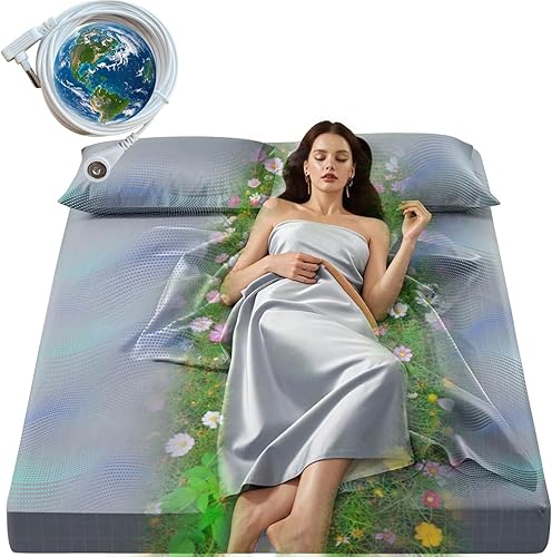 Grounding Sábanas con 90% algodón orgánico, 10% fibra de plata pura, sábana bajera ajustable conectada a tierra con cordón reforzado para un mejor