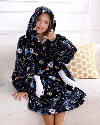 Miniatura 6 de Topblan Manta con capucha para niños, niñas, niños y adolescentes, manta de franela y sherpa de gran tamaño con bolsillo y mangas en la capucha,