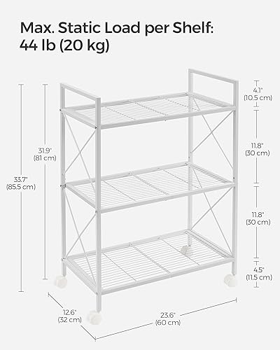 Miniatura 2 de SONGMICS Estante de almacenamiento de metal de 3 niveles con ruedas, unidad de estantería de malla con marcos laterales en X, 23.6 pulgadas