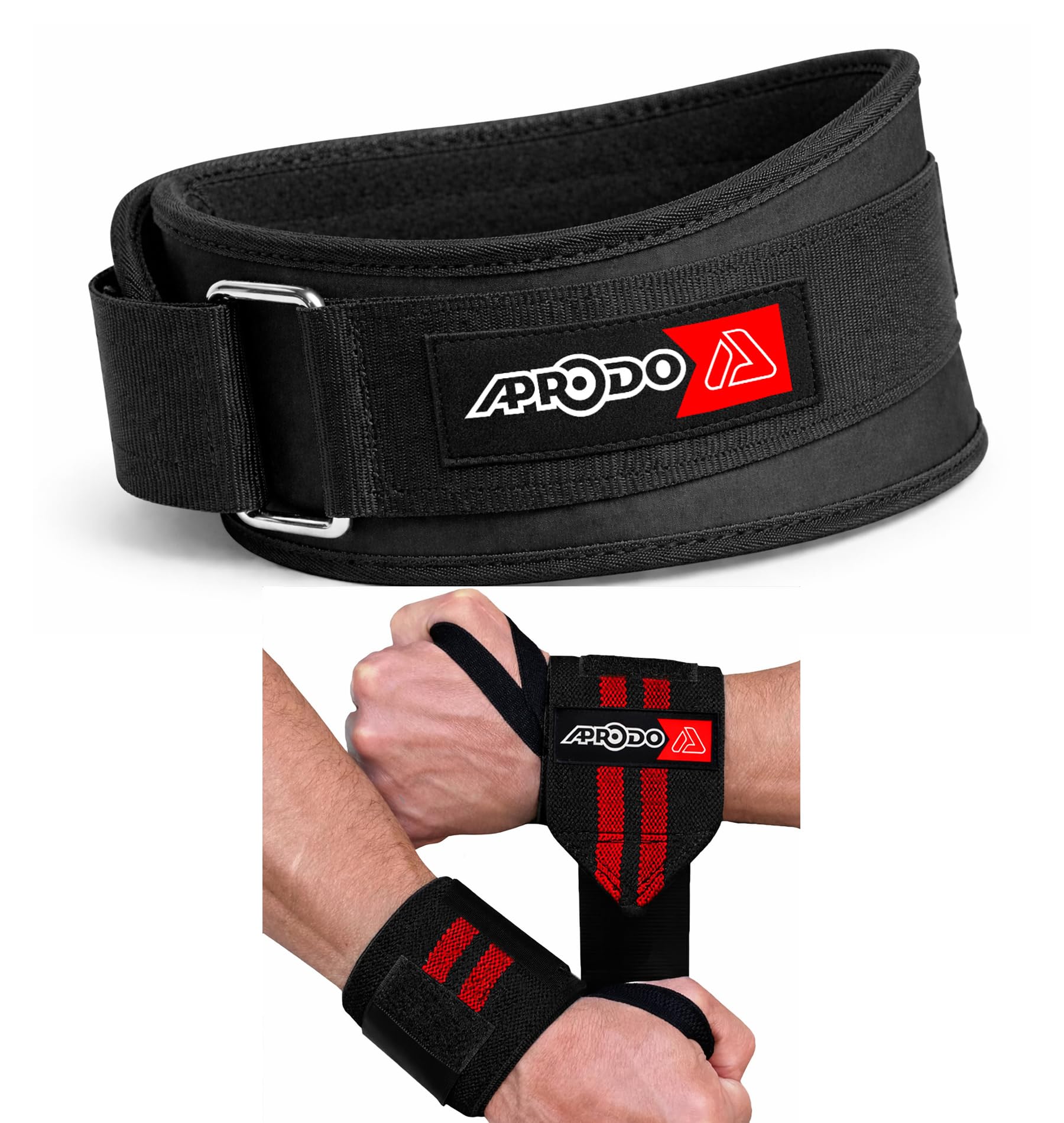 Aprodo Fitness Combo Weight Lifting Belt Back Support 4.5 Inch Wide with Extra Premium Wrist Support 1 Pair for Men and Women (Black RED Combo, Small 28'' - 32'')-image-21