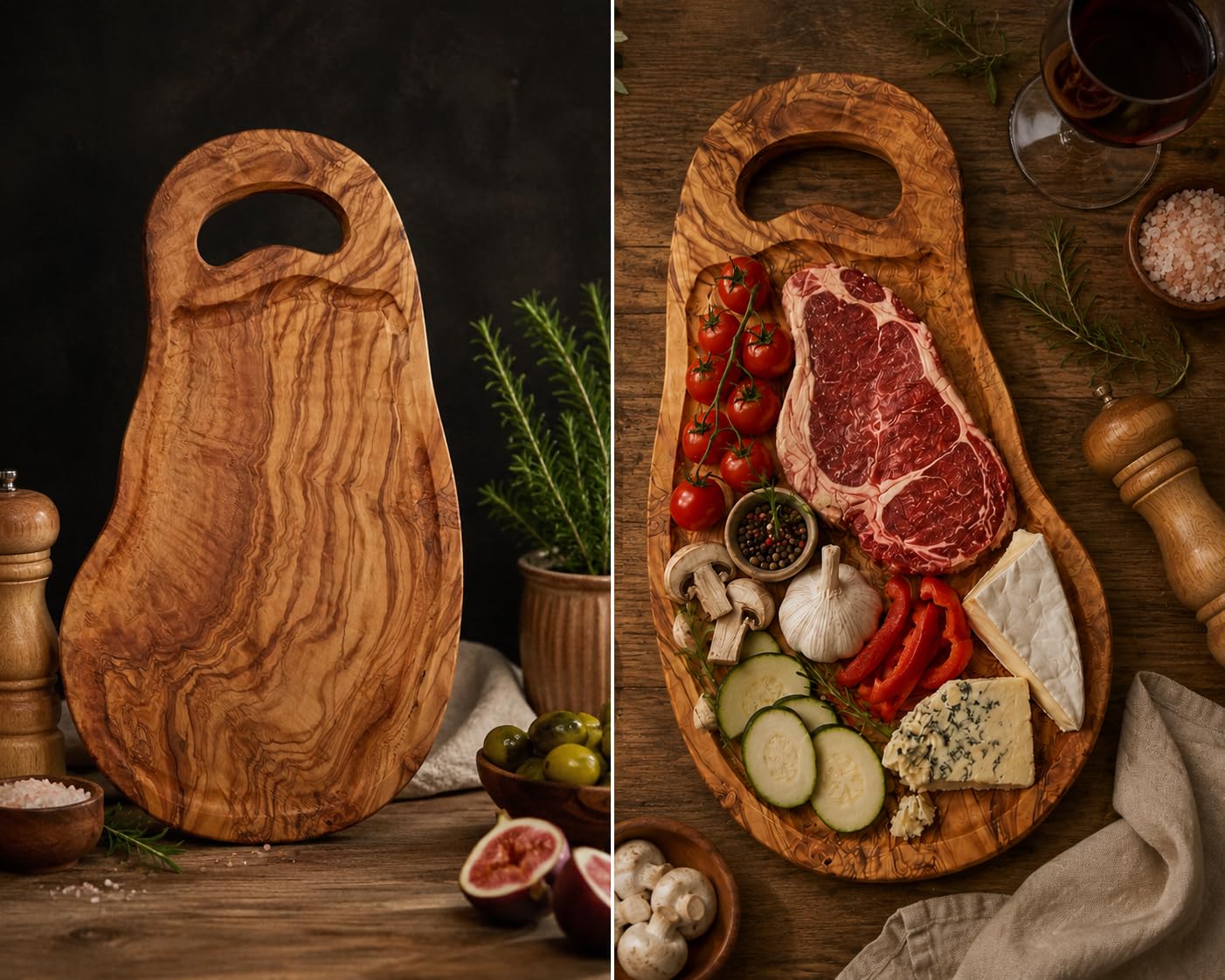 Tabla de cortar artesanal con rigole y mango de madera de olivo natural para cocina profesional, hecha a mano, 40 cm