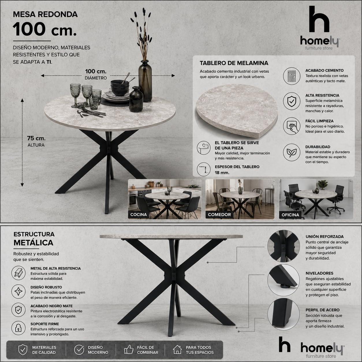Homely® | Pack Comedor Moderno Core con Mesa Redonda 100 cm. Tapa de 1 Pieza Cemento | 4 Sillas Tapizadas Acolchadas C/Azul Cobalto | Conjunto Mesa Comedor Estilo Nórdico Industrial | Cocina y Salón