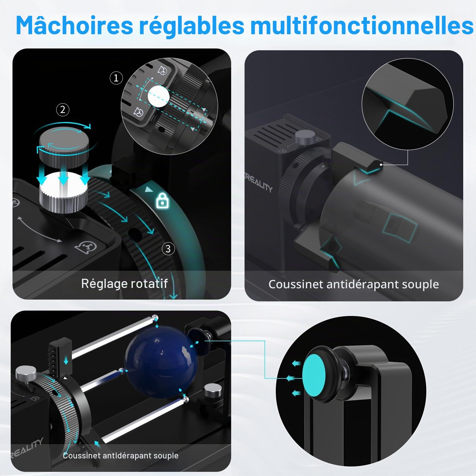Creality Galet rotatif laser, mandrin rotatif sur axe Y pour graveur Falcon, kit rotatif Pro avec mâchoire 3 en 1 et module adapté pour la gravure d'objets cylindriques, verres à vin, gobelets, bagues