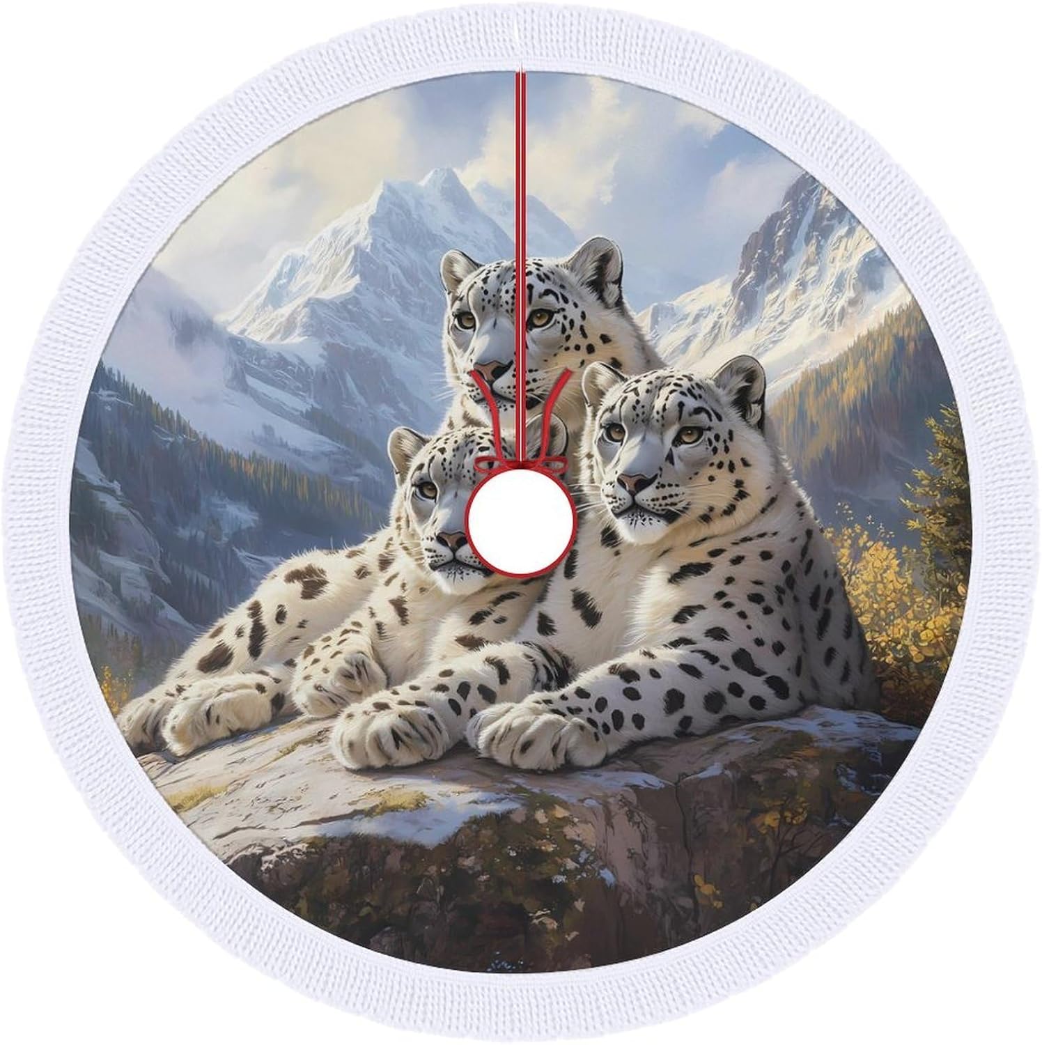 Snowy Leopard Family Christmas Tree Skirt Round Xmas Tree Mat Ornaments Tree Skirts with Tassels for Holiday Party