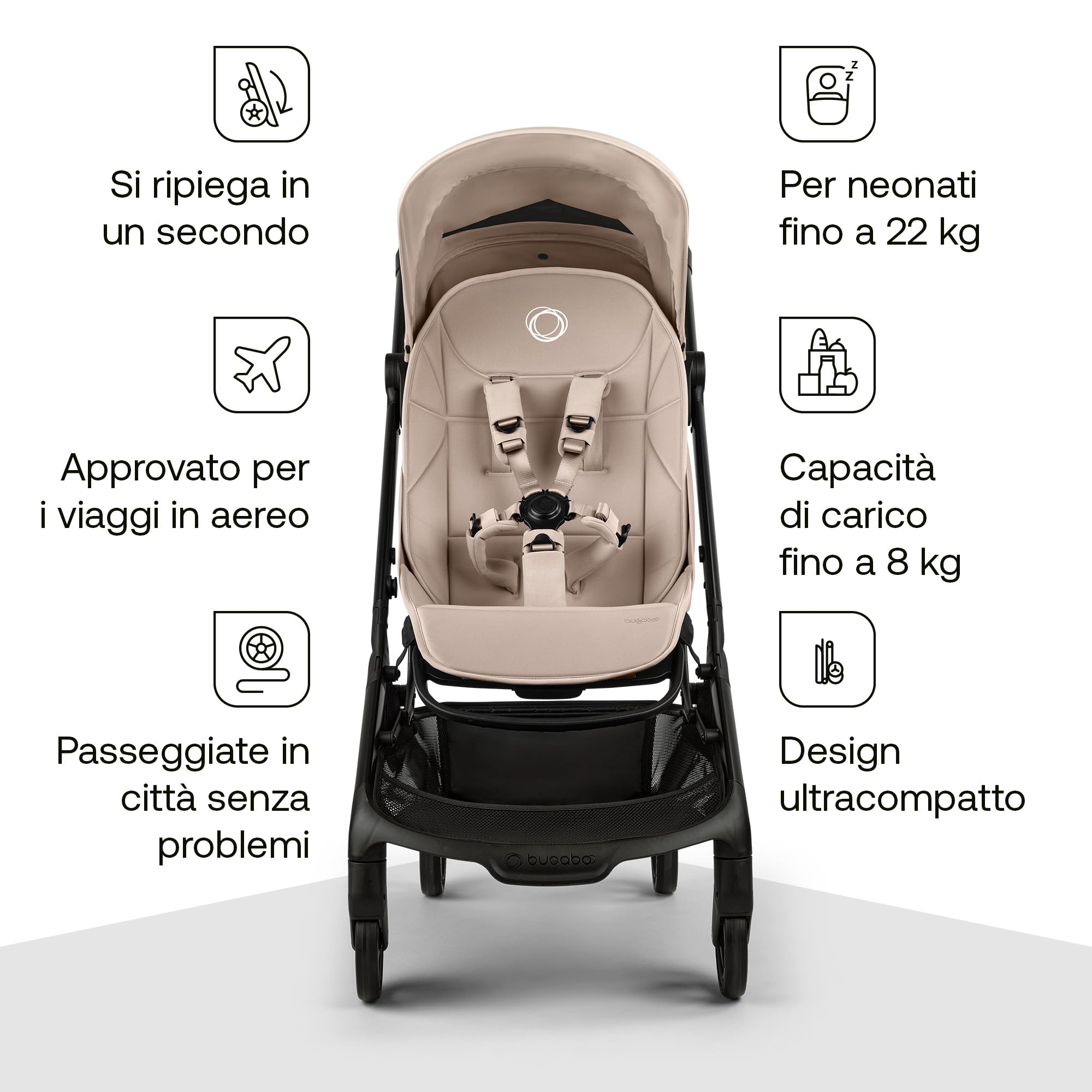 Bugaboo Butterfly 2 Passeggino Leggero da Viaggio Dimensioni Cabina, Portatile, Piegabile con Una Mano, con Seduta Reclinabile, Cestino Portaoggetti e Tracolla - da 6 Mesi a 4 Anni - Desert Taupe
