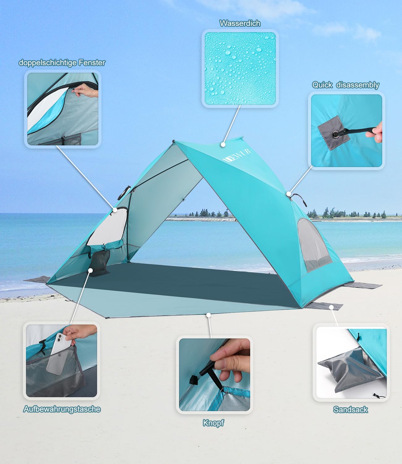 Tienda de playa para 4 personas, plegable, con protección UPF 50 , t