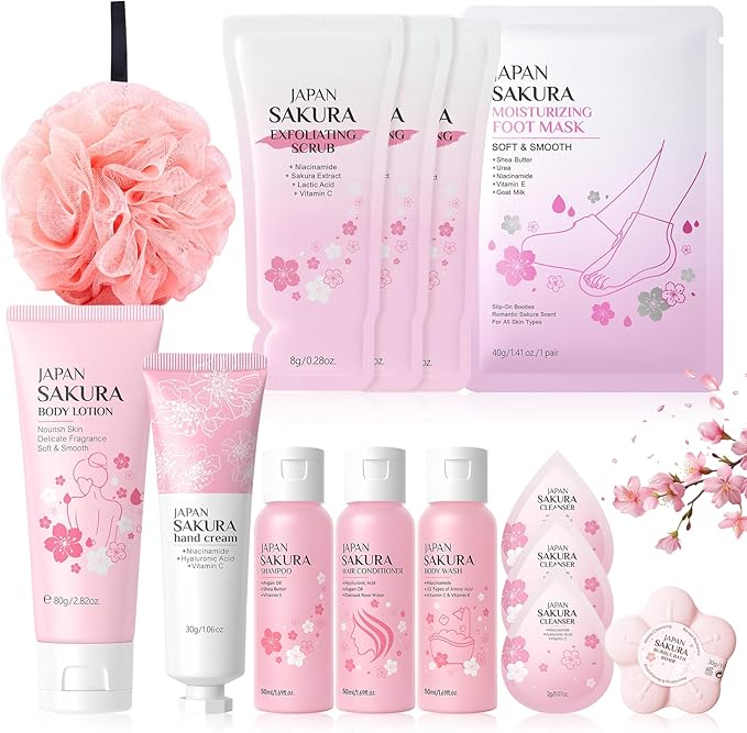 Coffret Bain Femme 14PCS, Coffrets de Bain et de Soins, Coffret Soin Femme Inclure Shampooing, Gels Douche, Après-Shampooing, Crème Mains, Masque Pied, Lait Corps, Body Scrub