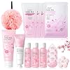 Bath Set Women Gift 14-Piece Sakura Shower Set Women Bath Gift Set for Women with Shampoo Conditioner Shower Gel Bath Salt Body Lotion Hand Cream Foot Mask Shower Sponge