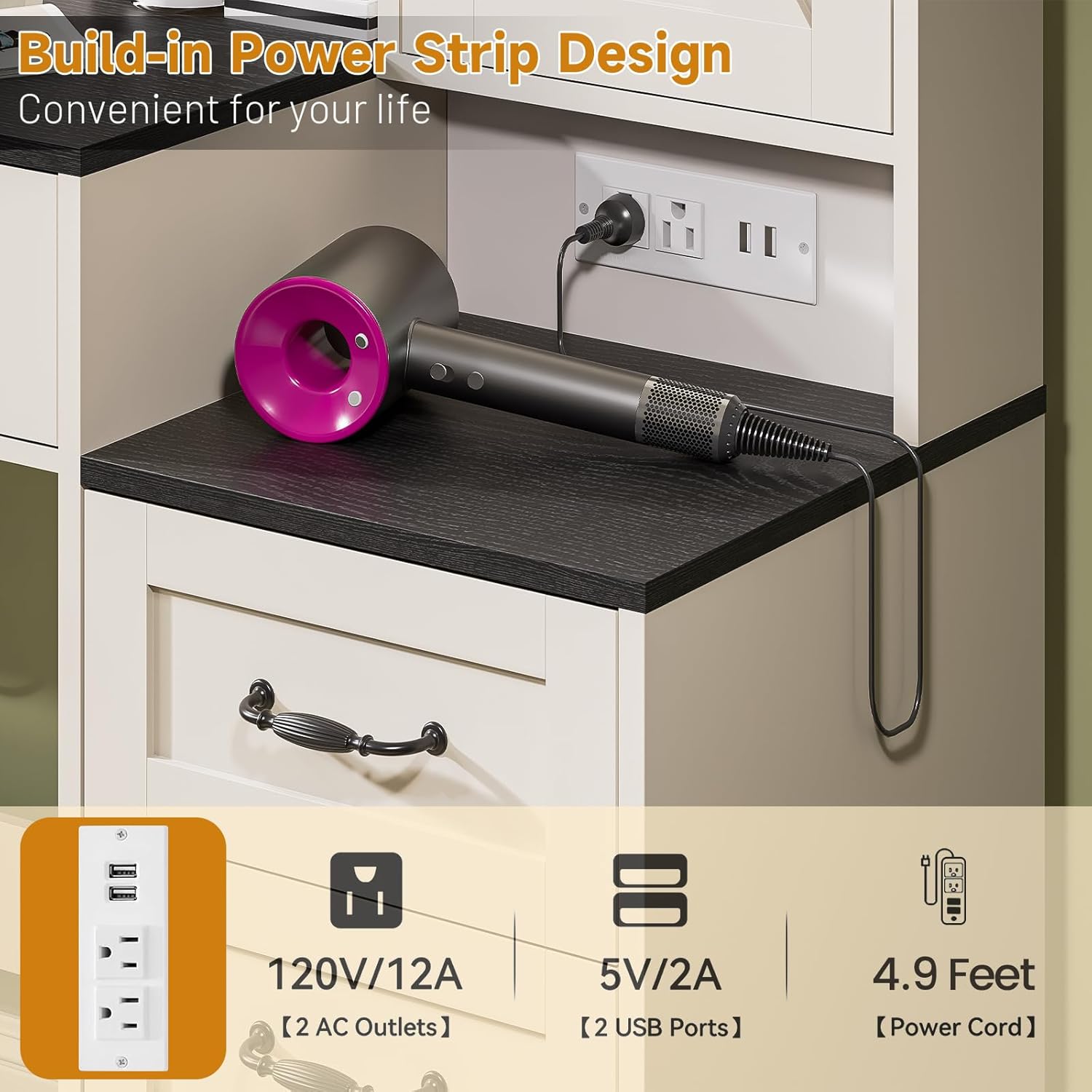 Farmhouse Vanity Desk with Mirror and 10 Led Lights, 45.3 " Large Makeup Vanity Table with Power Outlet, 5 Drawers and 1 cabinet, Vanity Set Dressing Table with 9 Hooks for Women Girls (White+Black)