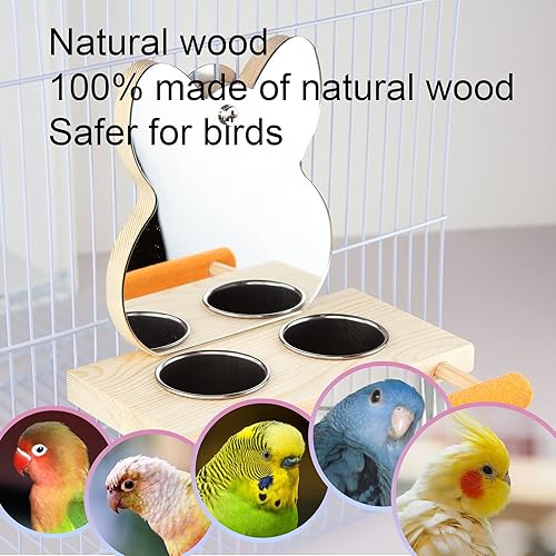Miniatura 3 de Juguete de espejo de loro con tazas de alimentación de acero inoxidable, marcos de madera para pájaros con perca de jaula para periquitos pequeños,