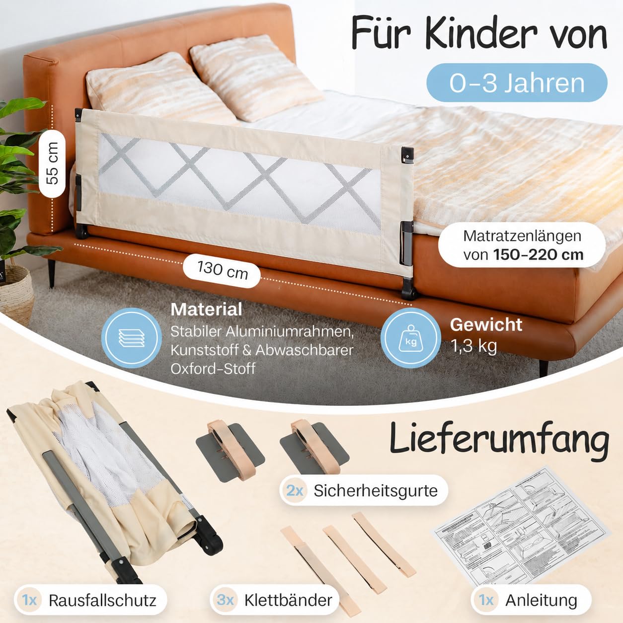Rausfallschutz Bett Faltbar, 55x130 | Kompakt und Handlich, Für Reise, Übernachtungen, Hotels, Für Boxspringbett, Massivholzbett, Metallbett