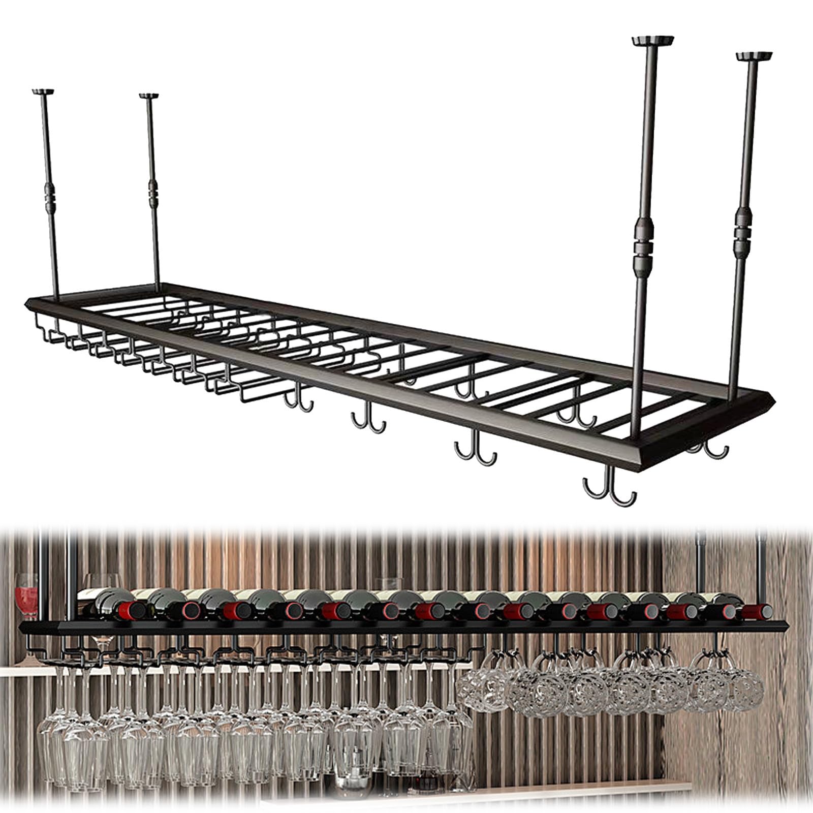ASYJVWYZ Suspended Wine Rack Holder, Black Adjustable Ceiling Wine Bottle Storage Shelf, Heavy-Duty Metal Bar Organizer For Home(Style B,150x30cm/59x12in)