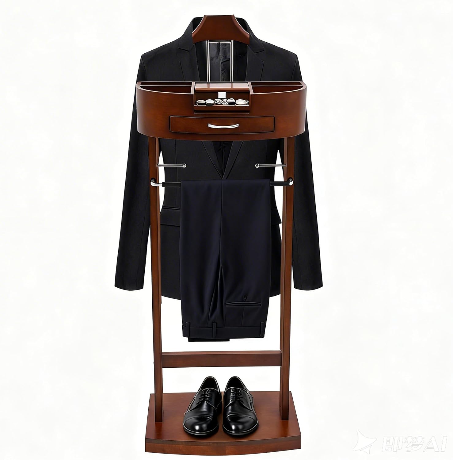 Clothes Valet Stand Holder for Men Suit Coat Rack Hanger Stand, Clothes Butler Valet Stand for Men, Wood Clothing Stands with Top Tray & Storage Organizer, Clothing Trousers Bar Rack