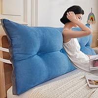 Vista 4 de Almohada de cama de lectura con cuña, almohada de forro polar de algodón, almohada grande para cabecero, respaldo de cama, cojín de apoyo de Azul