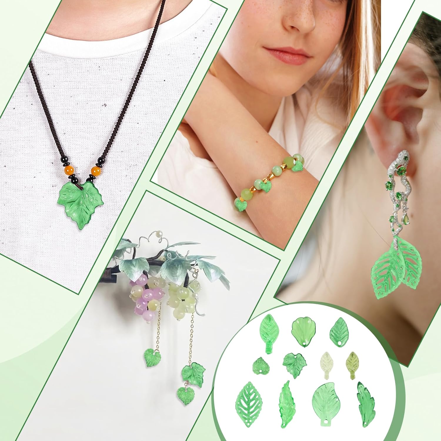 Leaf Beads, 500 Pieces of Green Transparent Leaf Charms, Fashionable and Beautiful, Can Be Used to Make Decorations Such as Necklaces, Bracelets, Wind Chimes - Image 5
