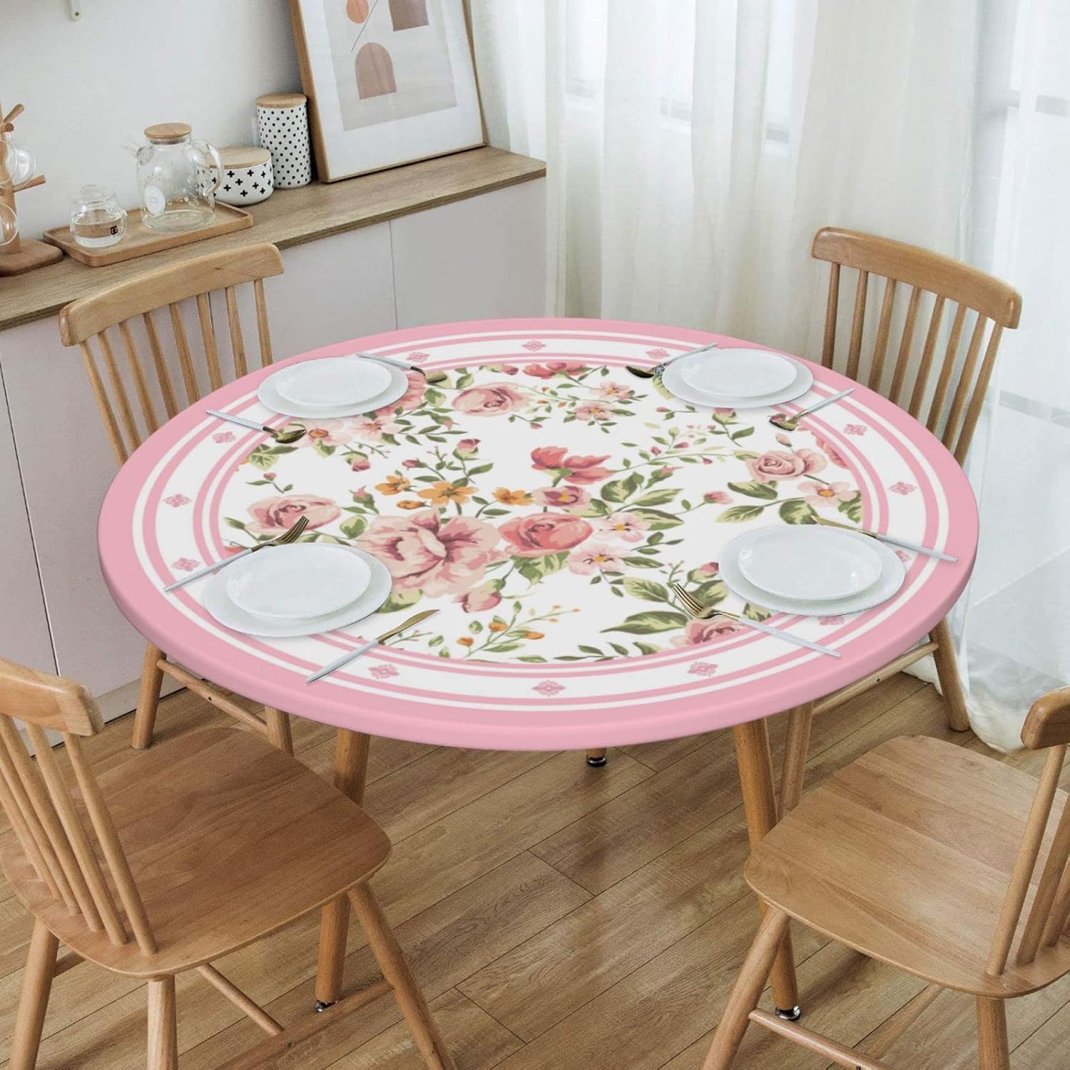 Vintage Flower Pink Elastic Edged Round Fitted Table Cloth Cover, Waterproof Wrinkle