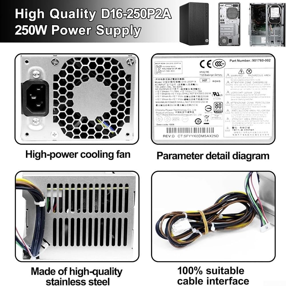 Alimentatore D16250P1A 250W per HP ProDesk serie 280 600 800 con protezione integrata e raffreddamento efficiente per desktop di casa e ufficio