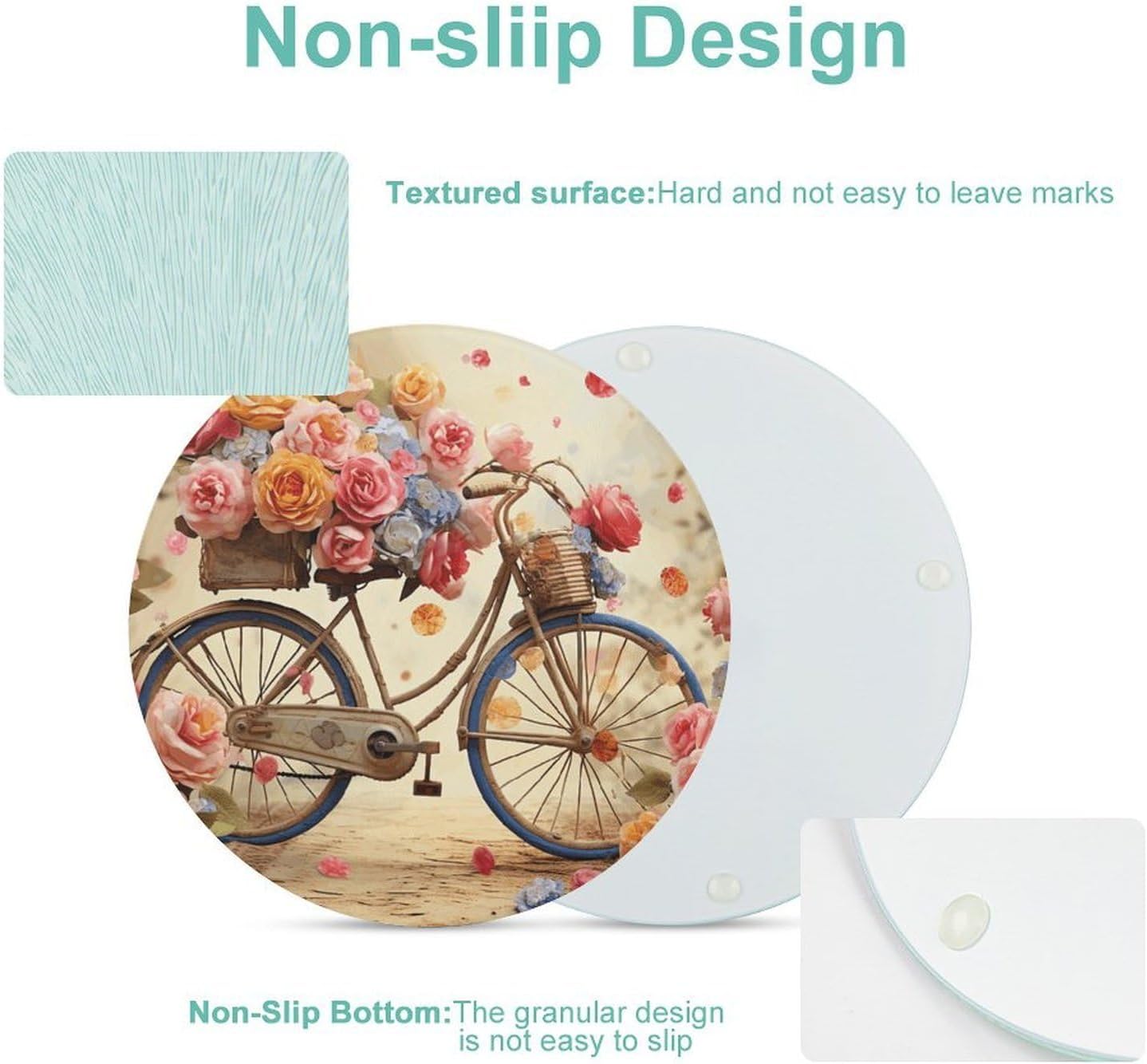 Flower Bicycle Chopping Block Tempered Glass Cutting Board Mats Round Countertop Cutting Boards Small Charcuterie Boards Bar Cheese Board Snack Tray