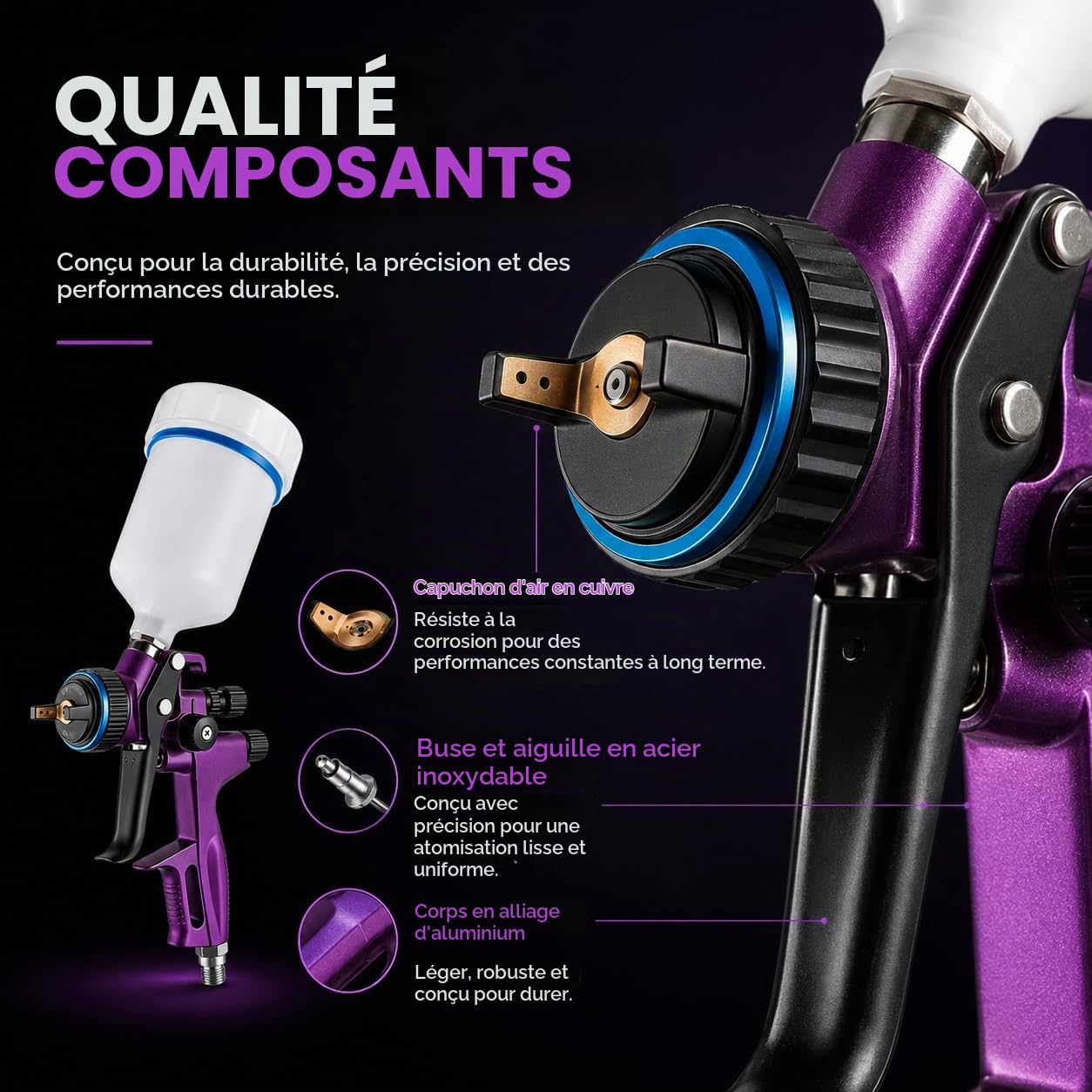 HVLP Pistolet à Peinture, HVLP Pistolet Peinture Air Comprimé avec 600ml Capacité 1,3mm Buses, Professionnel Pistolets pulvérisateurs d'air à Alimentation pour Peinture Automobile Et Meubles | Pistolet A Peinture Pneumatique Pistolets PulvéRisateurs De Pe