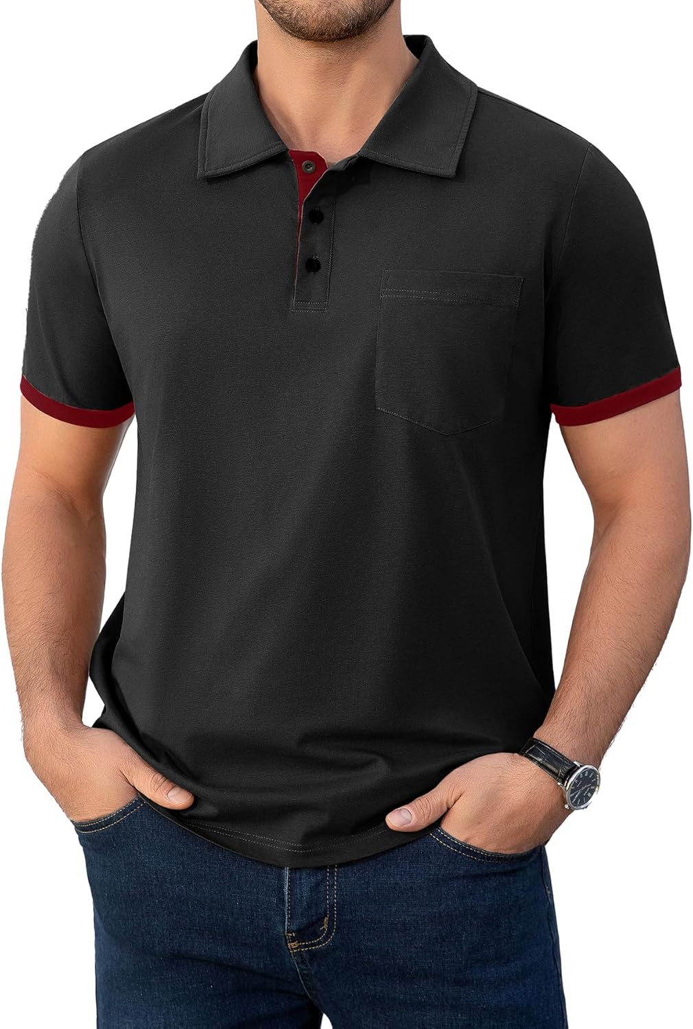 Men's Casual Polo Shirts Short Sleeve Contrast Cuff Summer Collared Buttoned Polos T-Shirt with Pocket