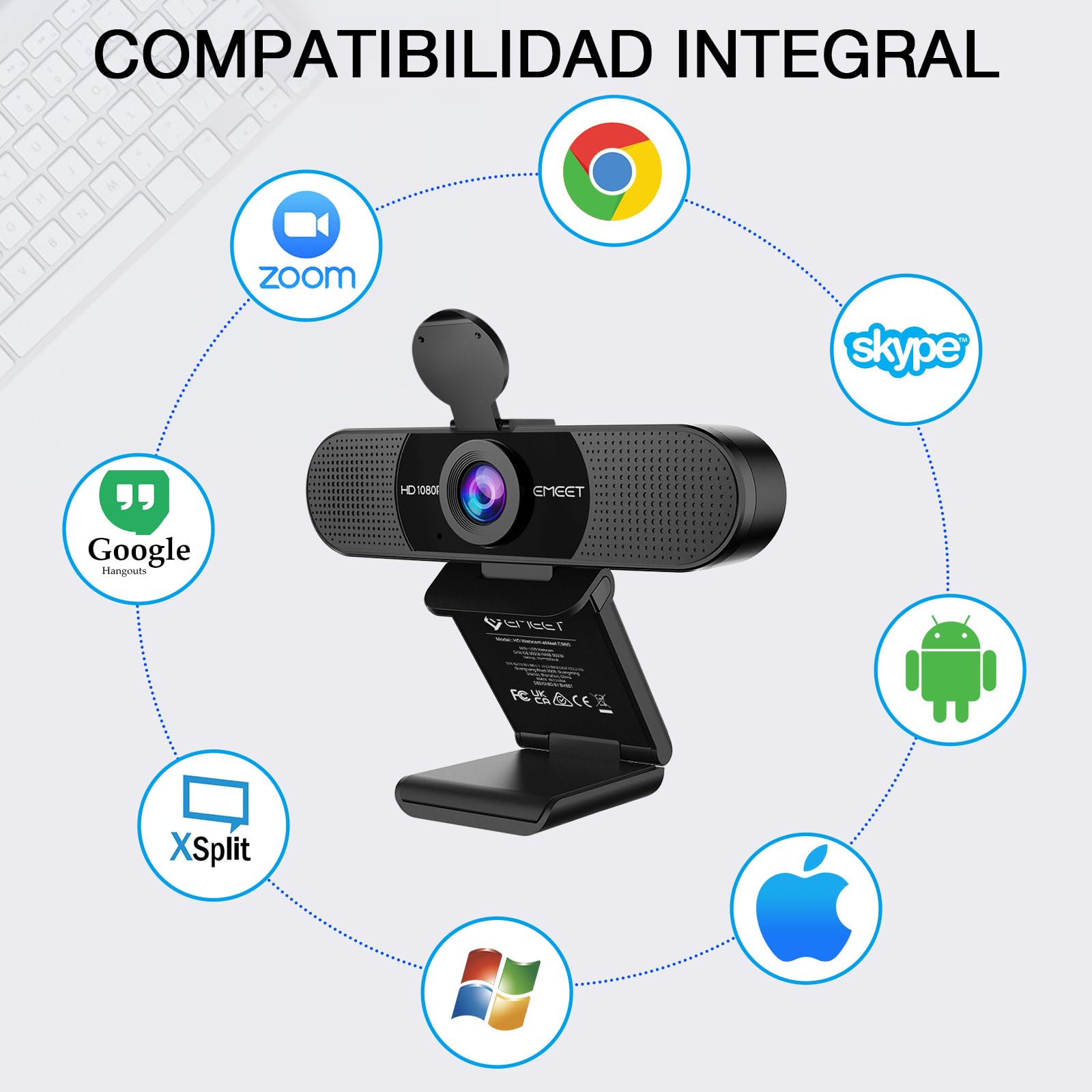 EMEET Webcam 1080P con Micrófono C960 Cámara Web de Transmisión de 2 Micrófonos con Cubierta de Privacidad, Vista de 90°, Webcam USB Plug & Play para Llamadas/Conferencias, Zoom/Skype/Youtube