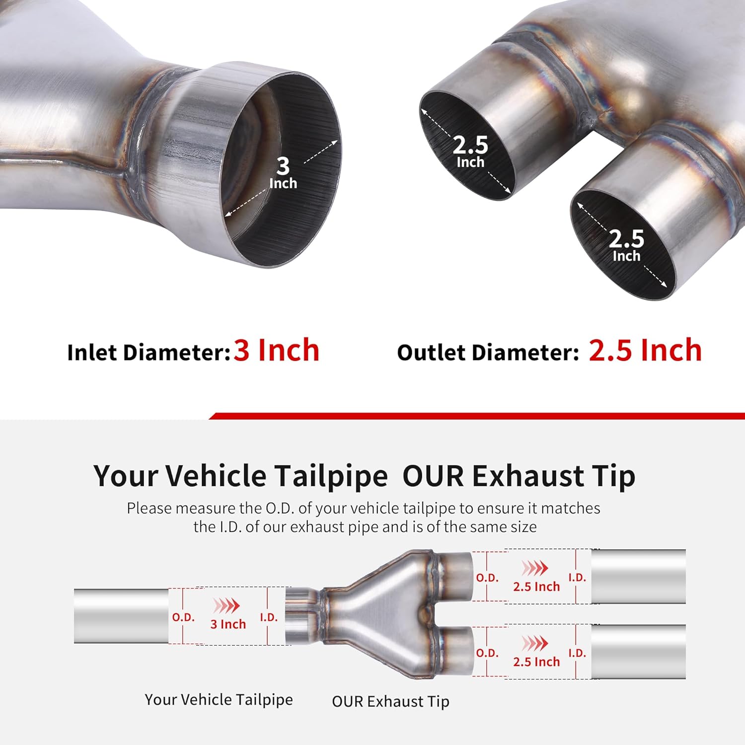 Richeer Stainless Steel 3" to 2.5” inch Exhaust Y Pipe, 3" Inlet 2.5” Outlet 10” Overall Length Stainless Steel Exhaust Tip Surface Polished Finish Universal